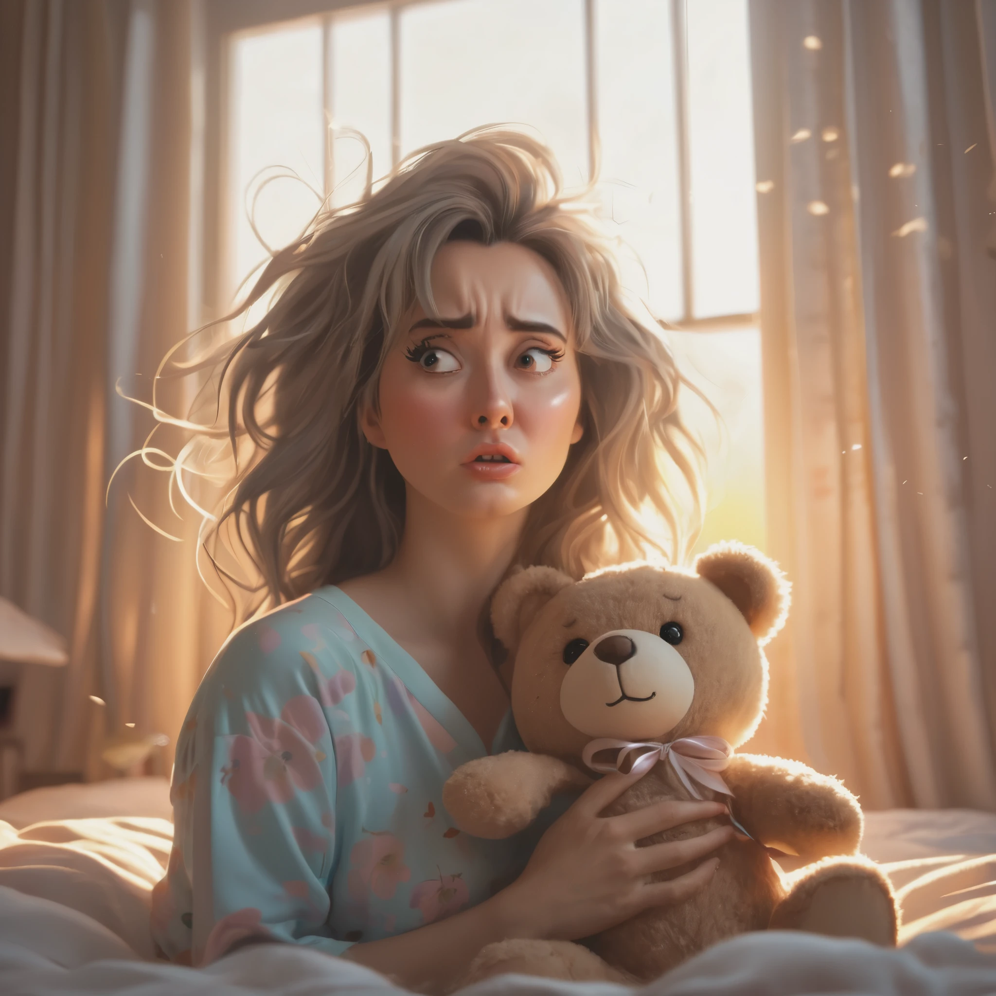 (highres,realistic:1.2),cute woman,mad woman,cartoonishly exaggerated sobbing,puffy cheeks,puffy eyes,tears shooting out like little streams of water,holding teddy bear,emotional meltdown,cute and expressive facial expressions,soft pastel colors,dramatic lighting,vibrant background,realistic tears,delicate textures,satin material for her pajamas,comfortable bedroom setting,soft sunlight filtering through the window,warm and cozy atmosphere,messy hair flying in the air