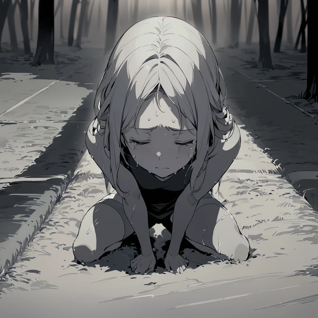 A poignant illustration of a female track and field athlete, sitting dejectedly on the ground outside the track and field. Her face is contorted with disappointment and despair, tears streaming down her flushed cheeks. Her furrowed brows and closed eyes convey the intensity of her sorrow. Sweat glistens on her forehead, emphasizing the physical and emotional toll of the competition. The empty field surrounds her, symbolizing the isolation of her defeat. The muted color palette and shadowy depths emphasize the somber mood of the scene.