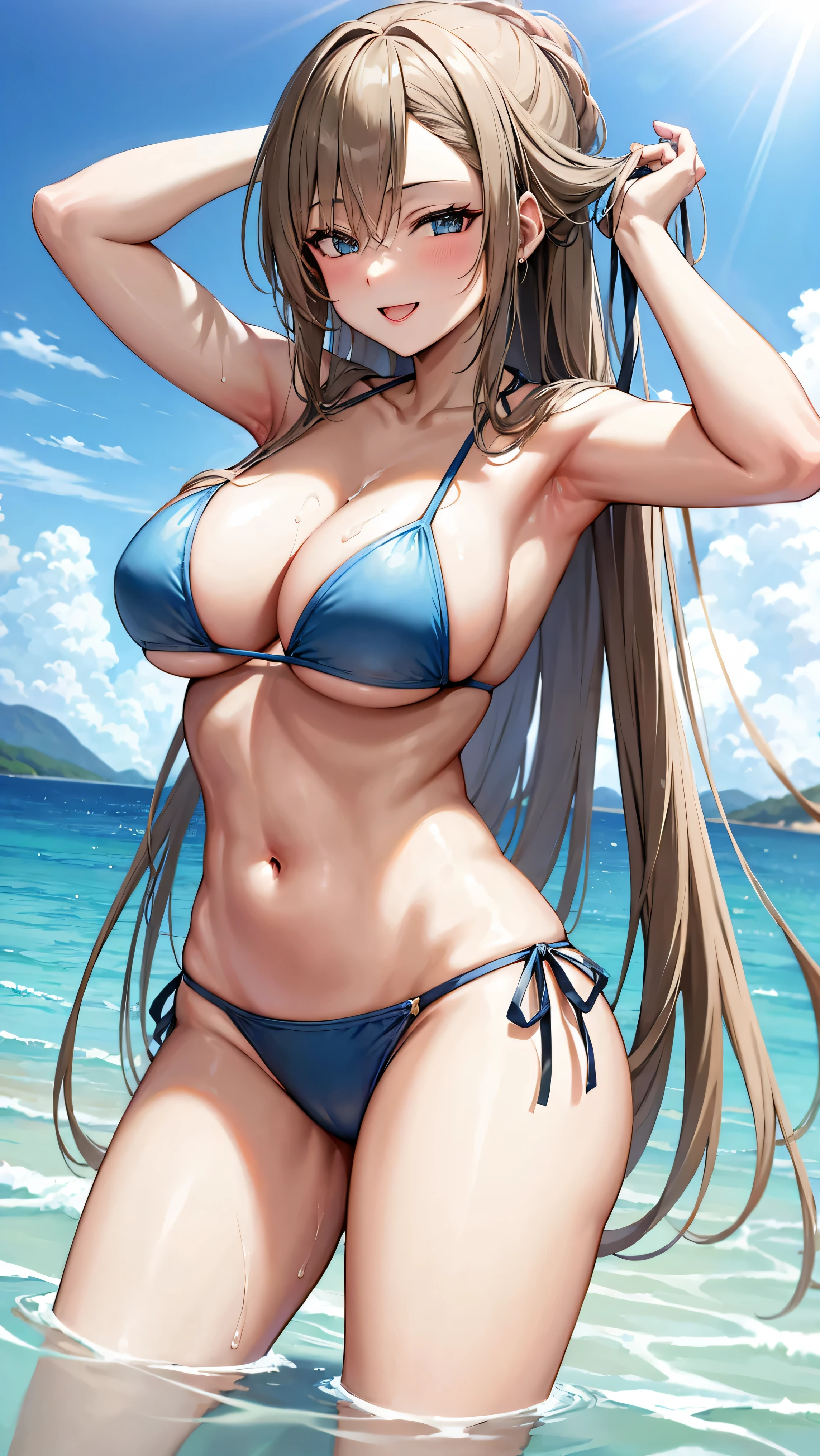  solo, asuna, long hair, large breasts, cleavage, thighs, (bikini), standing, beach sea, (soaking wet:1.1), smiling, detailed hands