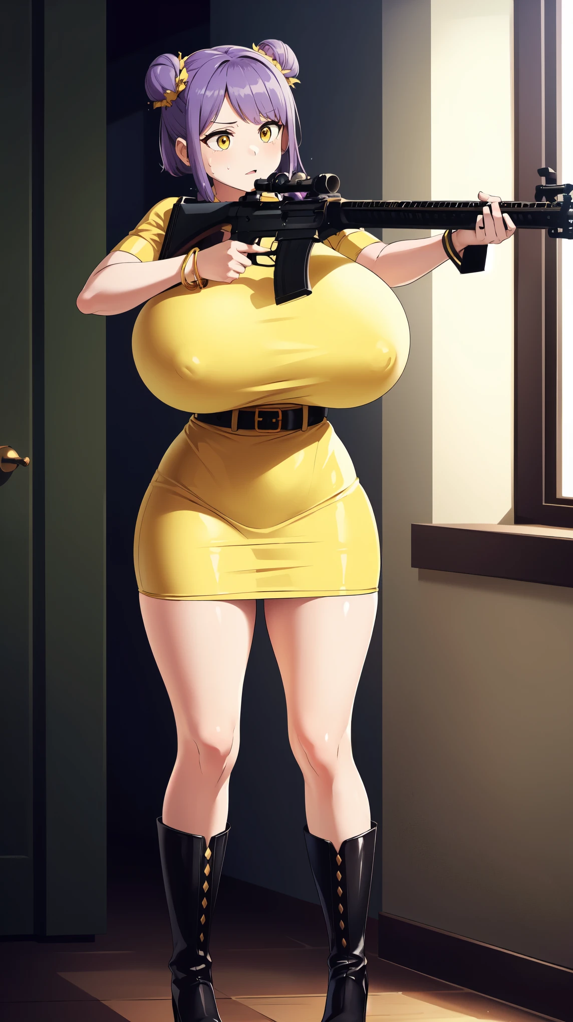 Slime girl, (slime), Slime hair Double buns hair style, Pumpkin Orange, weapon belt, Masterpiece, Best Quality, gigantic breasts, slime girl, slime girl, purple hair, lavender hair, yellow clothes, weapon belt around waistline, rifle, long rifle, AR-15 Rifle, assault rifle, exposed yellow bra, yellow clothing, wearing yellow clothing, fully body view, tight yellow dress, Rifle in hand, mature woman, gorgeous, perverted, sexy, yellow dress, exposed chest, exposed bra, exposed breast, black boots/heels, gold bracelets around wrist, holding rifle, aiming with rifle, tactical stance, tactical gear, sweaty body, long legs, tall woman, lustful yellow eyes, yellow lingerie