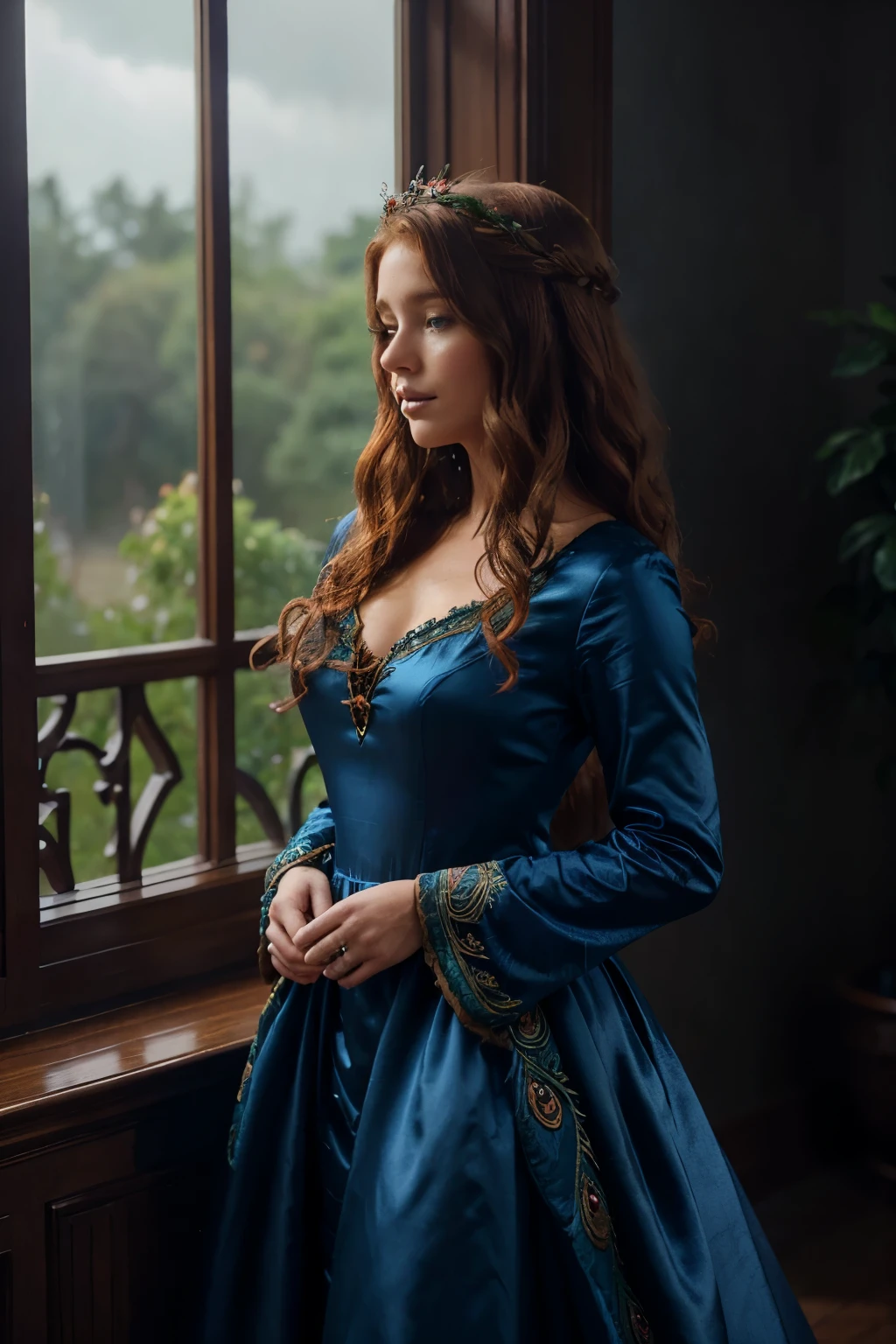 fantasy digital art, a beautiful curly auburn haired fairy woman wearing a dark peacock blue satin 1874 gown with elaborate embroidery, in a room with natural light, standing looking out the window at the overcast day, tranquil mood --stylize 250 --v 6