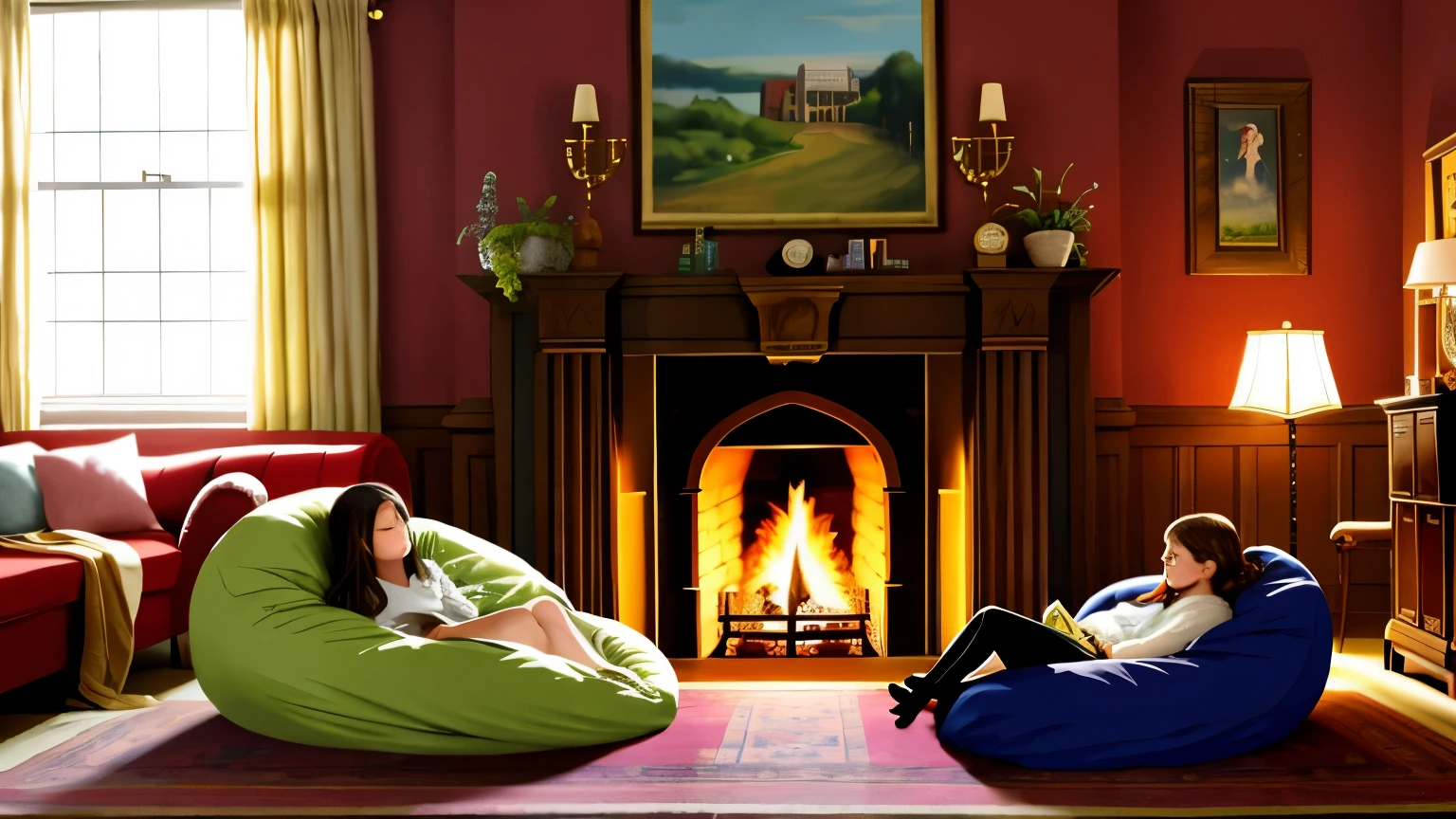 night,traditional british living room,a fireplace,dim lights,Mother and daughter cuddled together and fell asleep,2 bean bags,fancy rug,best quality,Exquisite details,sharp focus,high angle。