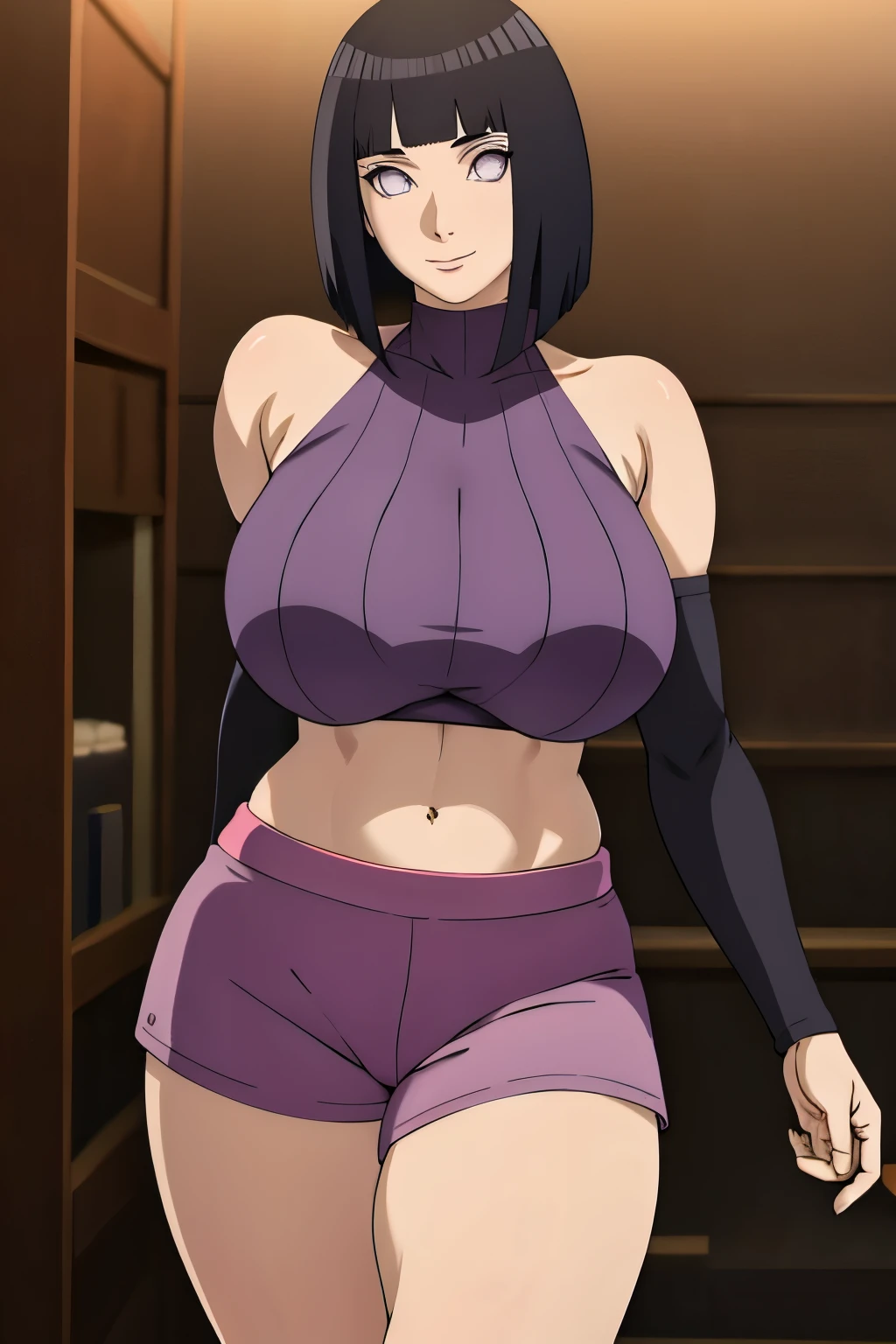 masterpiece, absurdres, hinata\(boruto\), 1girl, solo,mature female, Workout Shorts, perfect composition, detailed lips, gigantic breast, beautiful face, body propotion, short hair,  purple eyes,  soft gaze,  super realistic, detailed, photoshoot, realistic face and body, underboob, turtleneck, gigantic breasts, curvy, cowboy shot, bare shoulders, seductive smile, inside, nightclub