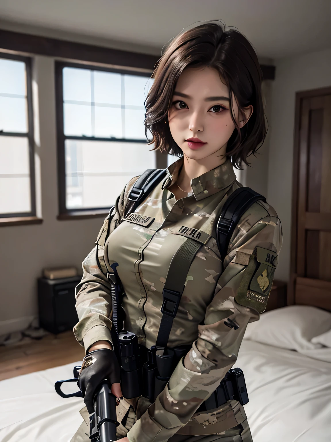 （​masterpiece、ultra fine photos、top-quality、超A high resolution、Photorealsitic、sharp focus、bustshot）、Beautiful Female Soldier、delicated face、fair white skin、High Detail Skin、realistic skin detail、Cropped Shorthair、Combat equipment、Army long sleeve camouflage uniform over black undershirt、Camouflage pants、Combat gloves、Holding the rifle with both hands、rucksack、Detailed and complex busy background、A room in an abandoned building、White smoke、Detailed face and chest depiction、Detailed hand depiction、combat pose、Dynamic action、watching at viewers