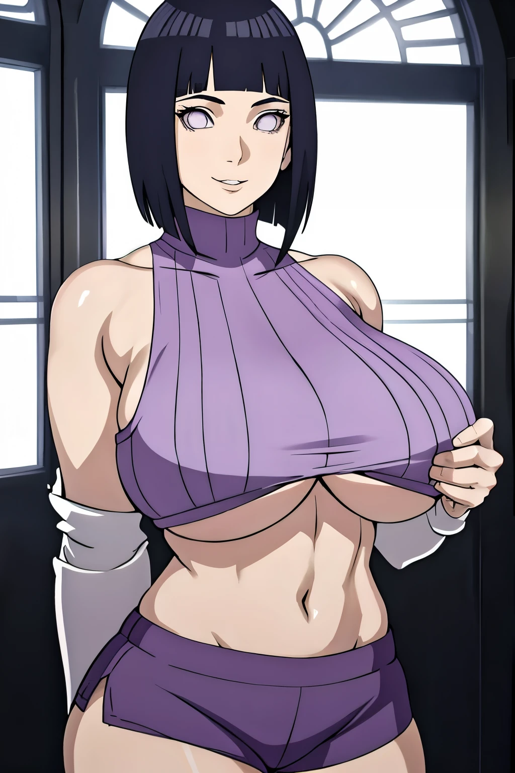 masterpiece, absurdres, hinata\(boruto\), 1girl, solo,mature female, Workout Shorts, perfect composition, detailed lips, gigantic breast, beautiful face, body propotion, short hair,  purple eyes,  soft gaze,  super realistic, detailed, photoshoot, realistic face and body, underboob, turtleneck, gigantic breasts, curvy, cowboy shot, bare shoulders, seductive smile, inside, nightclub