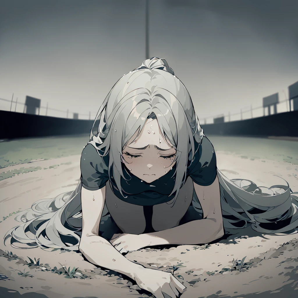 A poignant illustration of a female track and field athlete, sitting dejectedly on the ground outside the track and field. Her face is contorted with disappointment and despair, tears streaming down her flushed cheeks. Her furrowed brows and closed eyes convey the intensity of her sorrow. Sweat glistens on her forehead, emphasizing the physical and emotional toll of the competition. The empty field surrounds her, symbolizing the isolation of her defeat. The muted color palette and shadowy depths emphasize the somber mood of the scene.