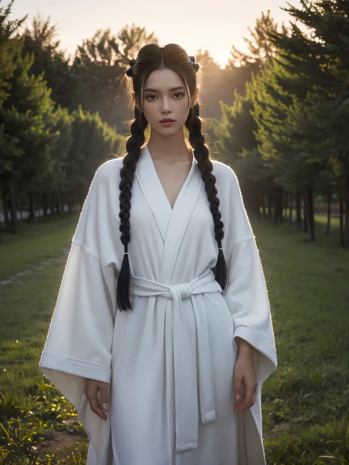 Best quality at best,tmasterpiece,ultra high resolution,(realness:1.4),RAW photogr,Cinematic texture,1 cool girl,Tall and tall,Dressed in long robe with a wide piece of fabric wrapped around the waist, standing in the plain background,looks into camera,fashion photoshoot, black hair with 2 longer braids hanging in front of the ears, gorgeous eyes