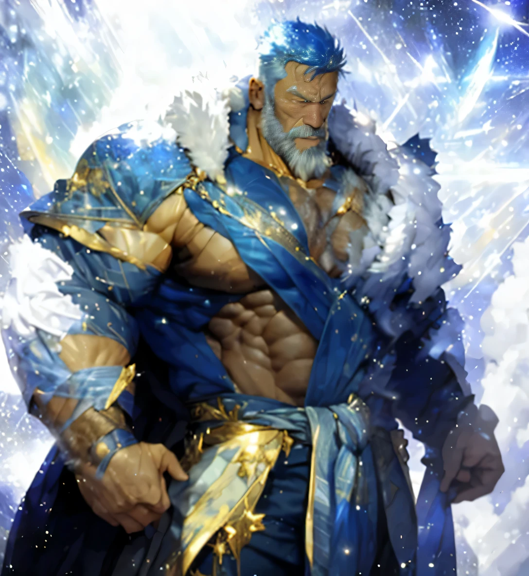 A big one, muscular old man，Fifty-five years old，royal blue tights，gold trim，He exposed his muscular chest，He showed off his great pecs，Energetic，Behind him are the brilliant starry sky and the cold polar regions