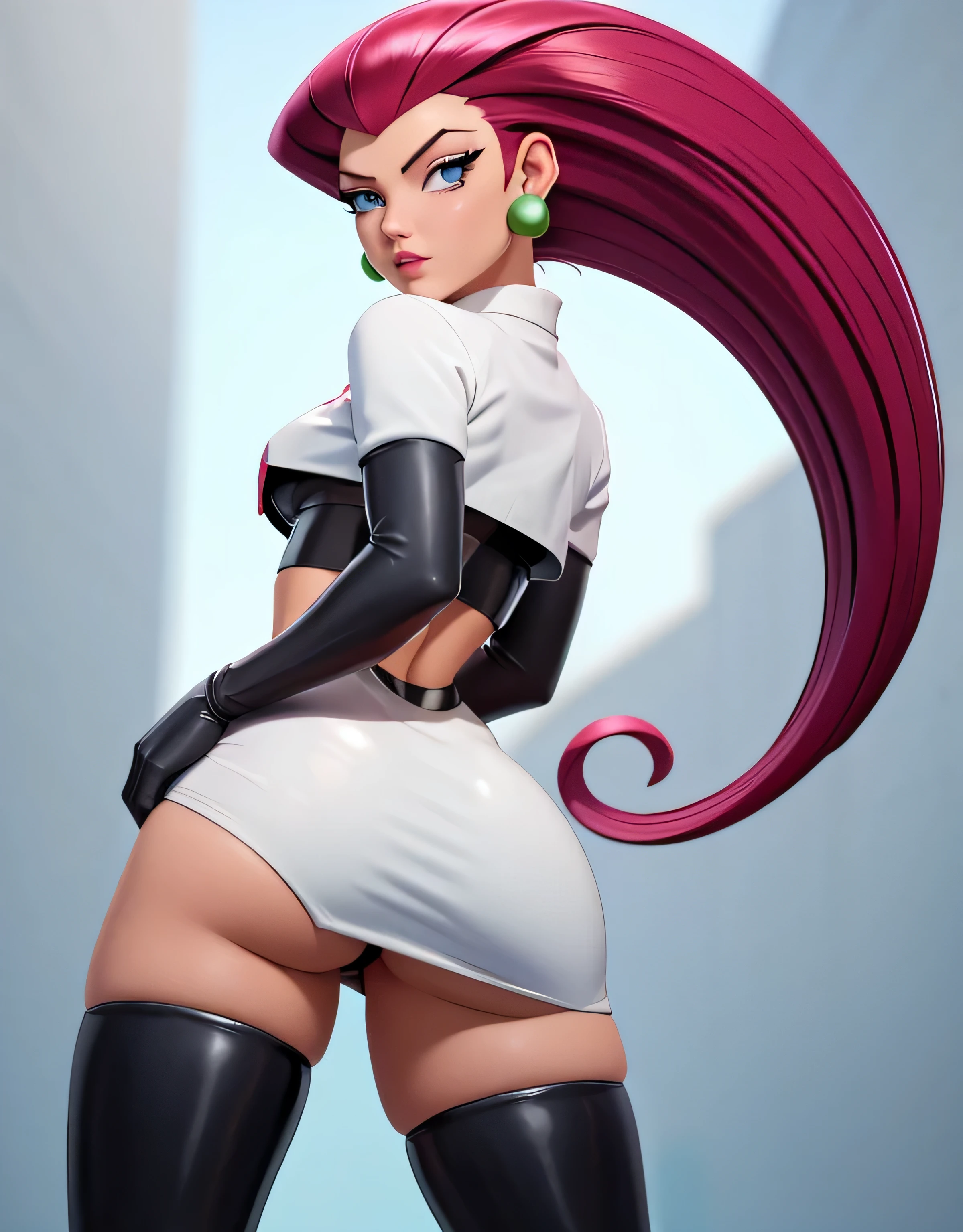 jessie\(pokemon\), hair slicked back, team rocket outfit, solo, crop top, gloves, jewelry, earrings, long hair, elbow gloves, blue eyes, black gloves, team rocket, breasts, red hair, thighs, very long hair, in back pose, show her booty, focus on her ass, mini skirt.