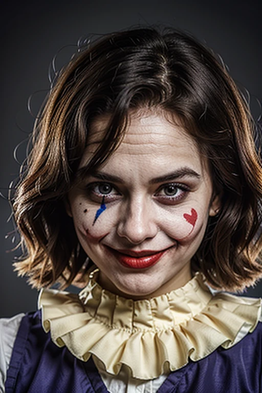 a joker girl,smile,a clown girl,clown effect,clown,smile,joker effect,ultra realistic,best quality,besty of quality,detailed,photography