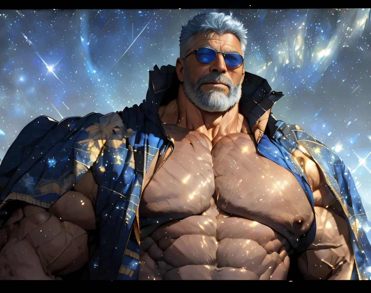 A big one, muscular old man，Fifty-five years old，royal blue tights，gold trim，He exposed his muscular chest，He showed off his great pecs，Energetic，Behind him are the brilliant starry sky and the cold polar regions