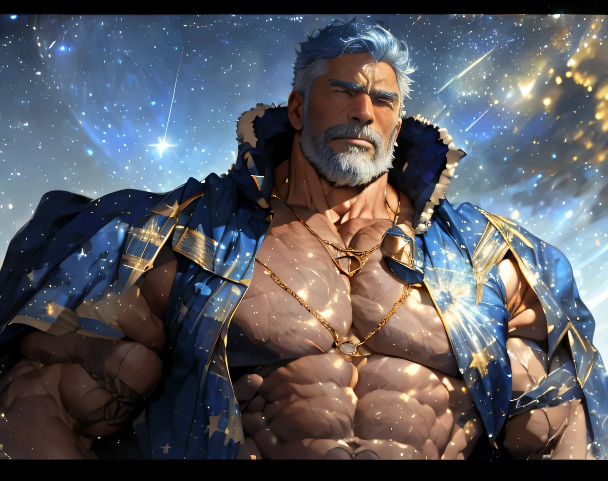 A big one, muscular old man，Fifty-five years old，royal blue tights，gold trim，He exposed his muscular chest，He showed off his great pecs，Energetic，Behind him are the brilliant starry sky and the cold polar regions