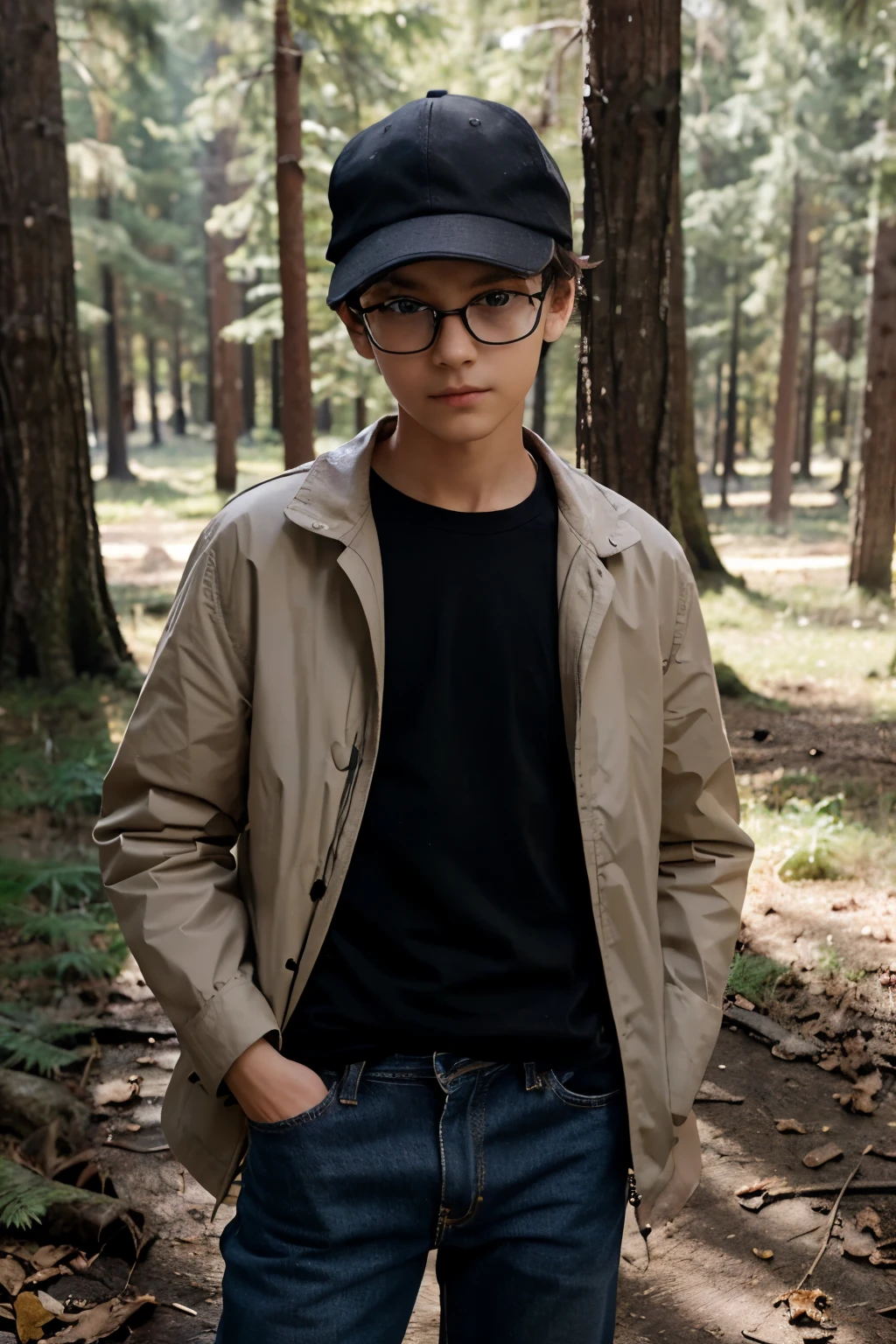 (11 year old boy) (slender body) (thin body), (black hair) (blue eyes) (white skin) glasses, thin hips, thin thighs, collarbone, ribs, sad and gentle expression. full body, western face, thin nose, shy boy. ((Location: forest)) (jeans, black t-shirt, cap, coat). short, short stature.