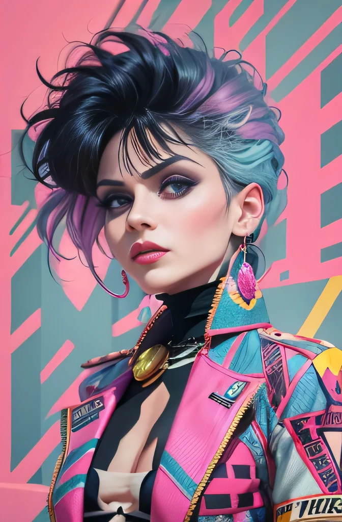 1girl, siouxsie, michelle pfeiffer, punk, pastels, sfw, dynamic, clothes, 80s movie poster art style, pattern background