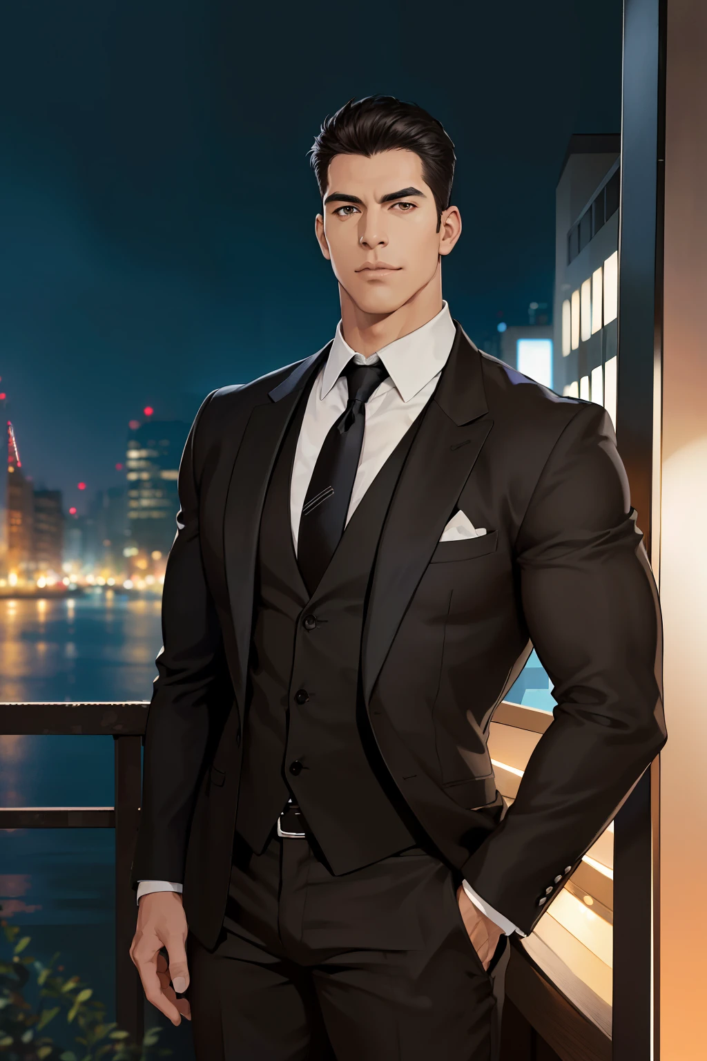 (absurdres, highres, ultra detailed, realistic, ), 1 male, solo, adult, mature, tall muscular guy, broad shoulders, handsome, very short hair, black hair, brown eyes, angular jaw, thick neck, thick eyebrows, night, dark, the night view of the city background, formal suit, necktie, upper body