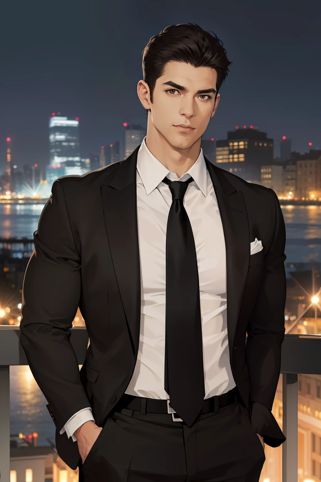 (absurdres, highres, ultra detailed, realistic, ), 1 male, solo, adult, mature, tall muscular guy, broad shoulders, handsome, very short hair, black hair, brown eyes, angular jaw, thick neck, thick eyebrows, night, dark, the night view of the city background, formal suit, necktie, upper body
