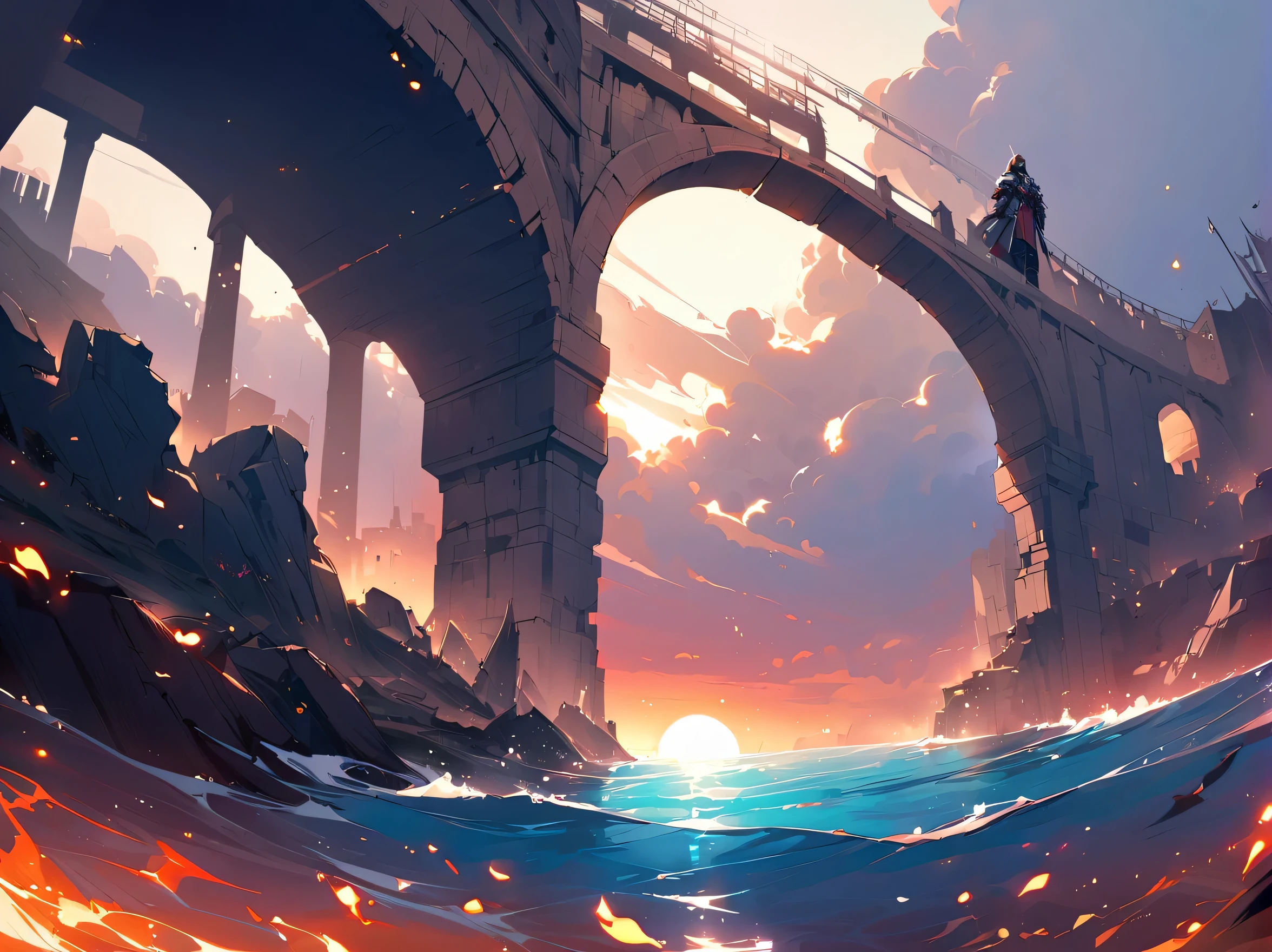 A male Knight Templar, admirado o nascer do sol, of a ruined fortress and in front of the fortress the sun is reflecting on the long sea below the fortress.
