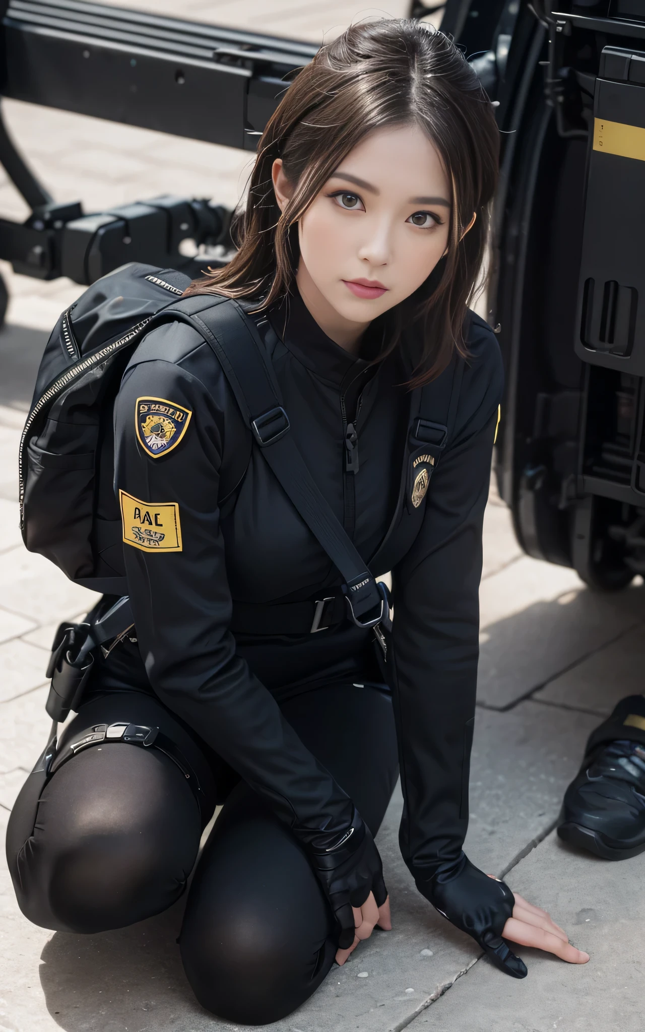 Highest image quality, outstanding details, ultra-high resolution, (realism: 1.4), ((close up:0.75, from front)), Photorealistic, highly condensed 1 lady, full body, sitting on the floor with one knee raised, Combat pose, (Detailed face), looking at the camera, (wearing nylon rash-guard as police uniform, gloves, black and grey mecha, military harness, holding a machinegun, carrying hich-tech-backpack), background grey, Fingers are occluded
