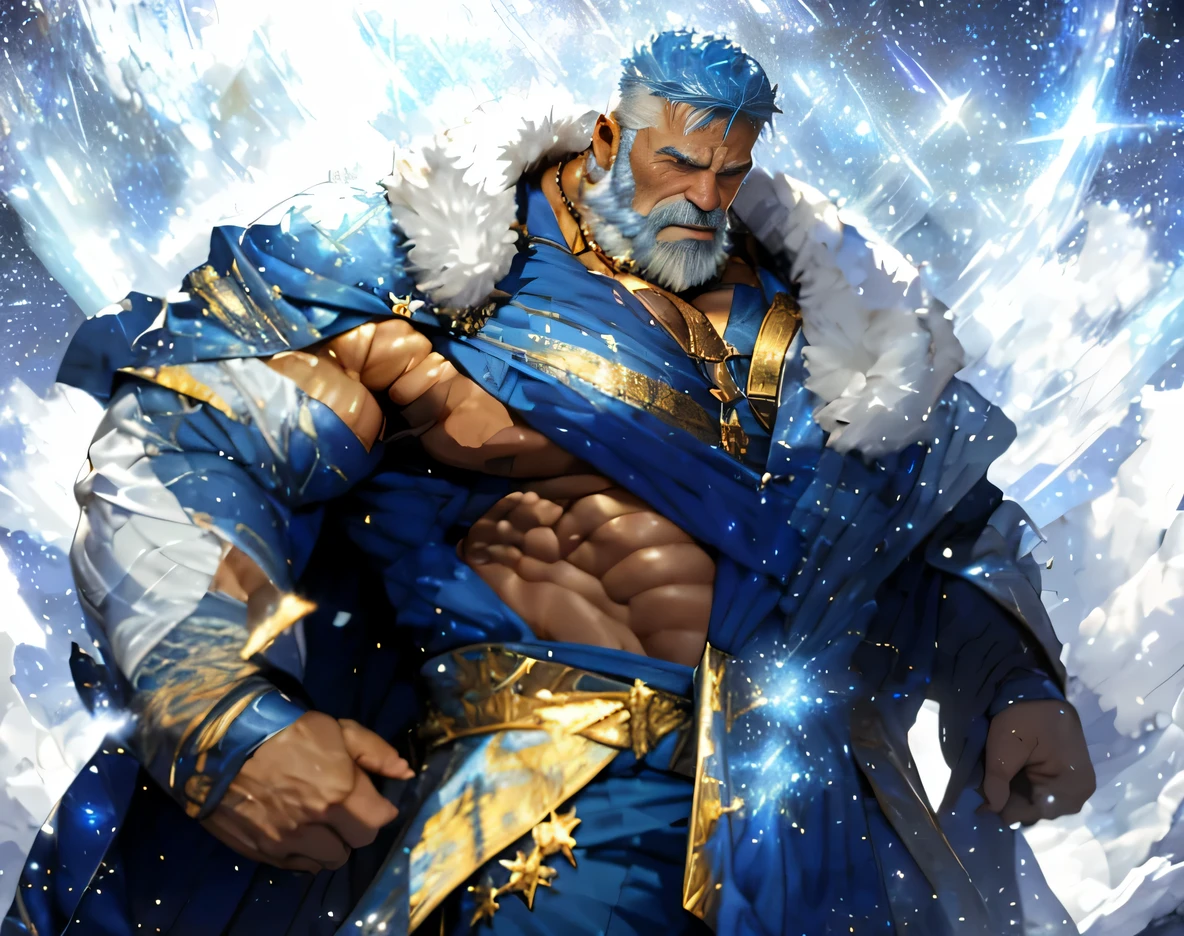 A big one, muscular old man，Fifty-five years old，royal blue tights，gold trim，He exposed his muscular chest，He showed off his great pecs，Energetic，Behind him are the brilliant starry sky and the cold polar regions