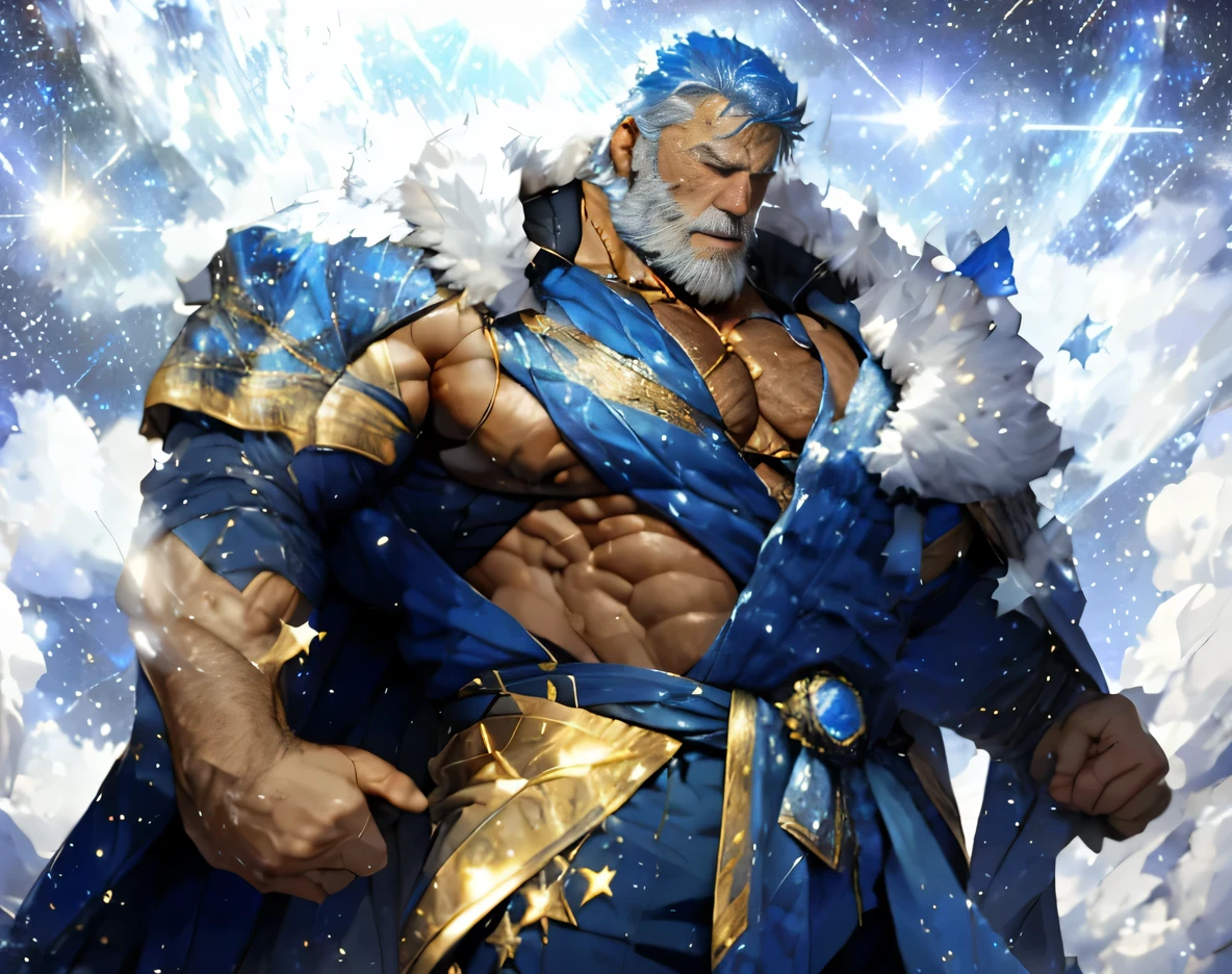 A big one, muscular old man，Fifty-five years old，royal blue tights，gold trim，He exposed his muscular chest，He showed off his great pecs，Energetic，Behind him are the brilliant starry sky and the cold polar regions