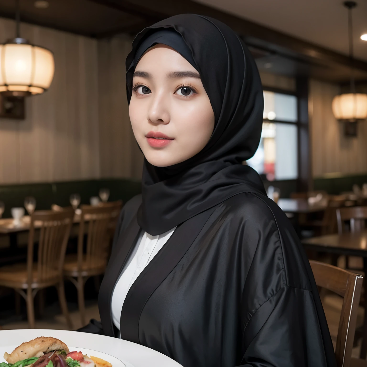 beautiful muslim, hijab, twirling hijab, fully covered robe, japanese girl, 165cm height, natural big breast, black matte hijab, in a busy restaurant, looking to viewer,