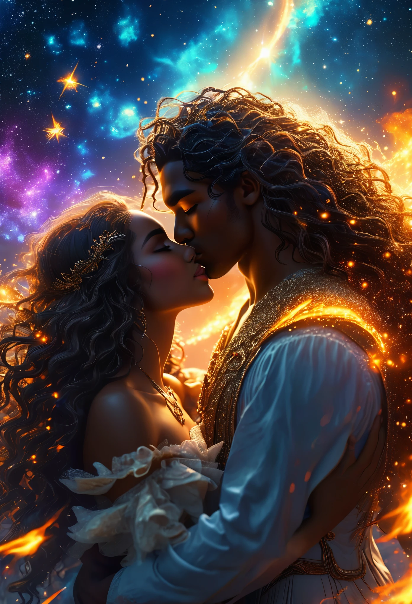 In a celestial dreamland landscape, a couple dressed luxuous, differents faces, they are all darkskin, (((young, in 20's))), (((one brown skin darkhair1.5 woman))), (they are two différent and separate couple1.2). The couple is a brown skin warrior long dark curly hair with a dark long hair woman ((((kissing, love scene, hot scene))) dangerous scene, war, battle, luminuous stars, chaos, fire, destrctions, 8K, extremely detailed, high quality, (photorealistic:1.37), Full body, vibrant colors, perfect lighting, soulful expressions, celestial aura, majestic presence, dreamlike atmosphere, 8 k artistic photography, photorealistic concept art, soft natural volumetric cinematic perfect