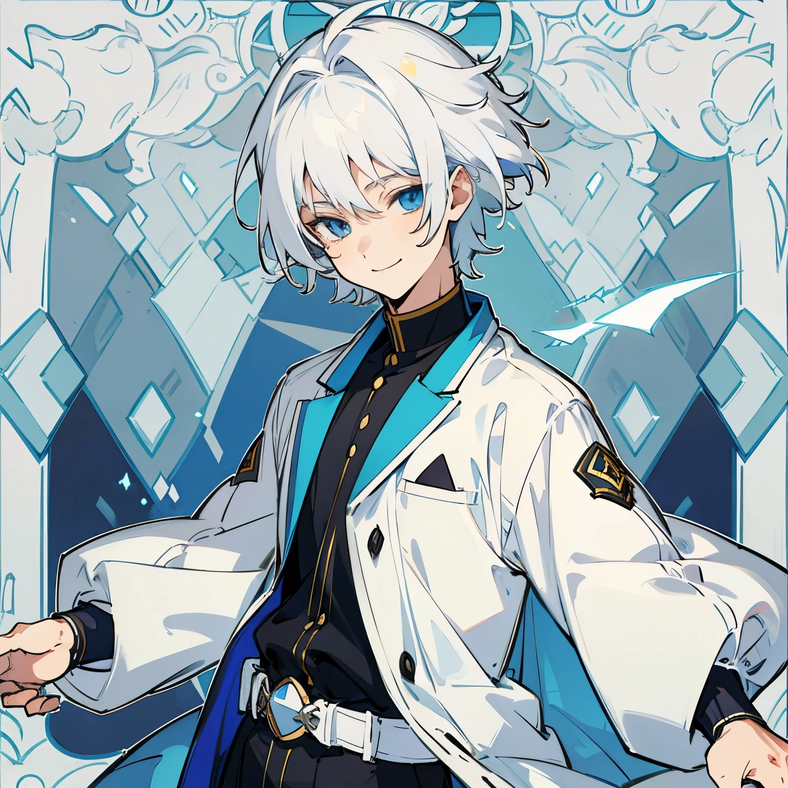 Male, 16 years old, Lean type body, White hair, Blue eyes, Cheerful smile, Handsome,