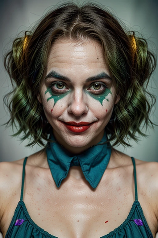 a joker girl,smile,a clown girl,clown effect,clown,smile,joker effect,ultra realistic,best quality,besty of quality,detailed,photography,green hair,like joker,hissing