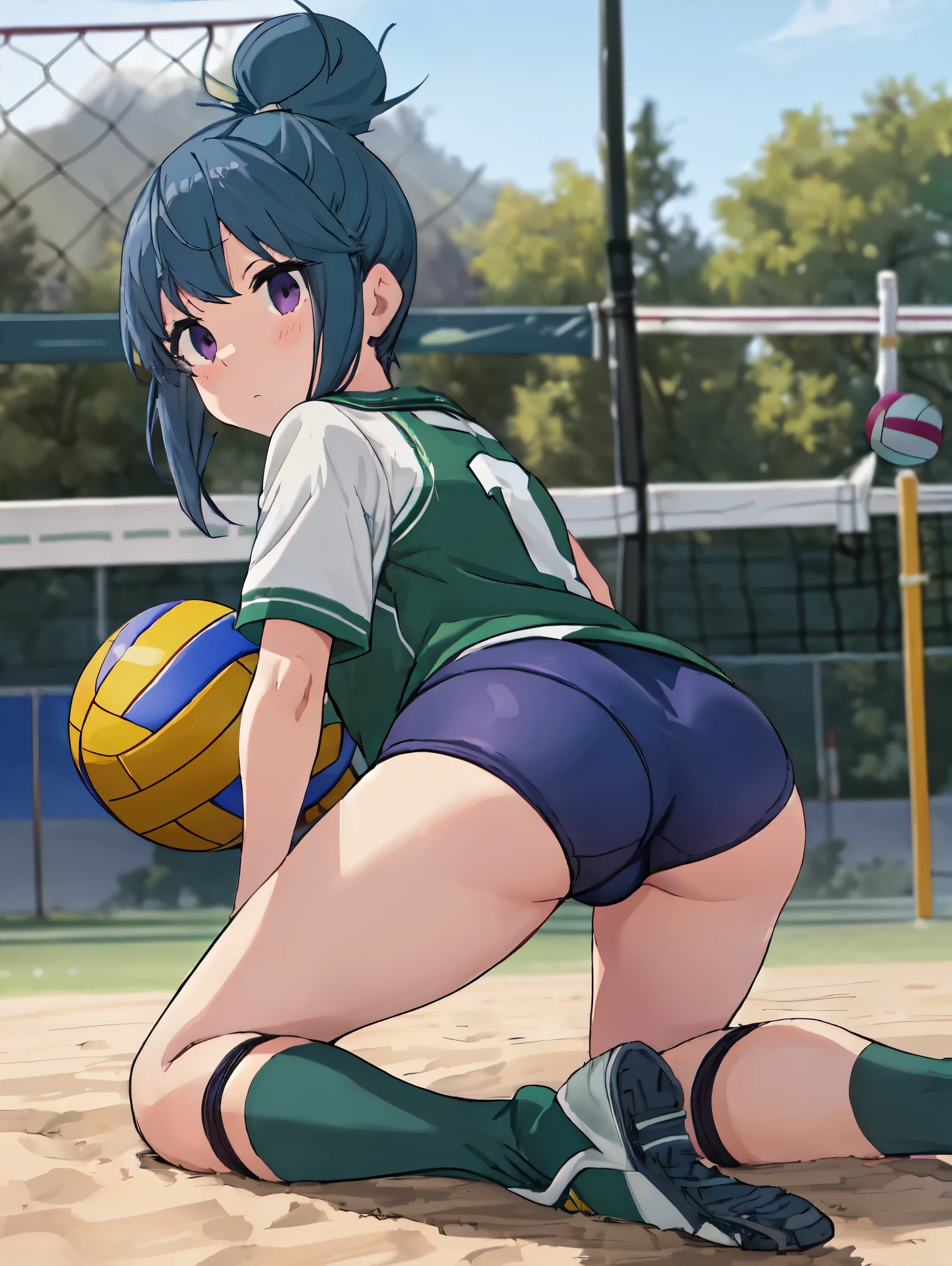 highest quality, masterpiece, High resolution, alone, {Shima_Also_yuru camp:1.15}, green_hair, purple_eye, closed_mouth, single_hair_good, hair_good, 1 girl, front hair, blurry, blurry_background, (volleyball uniform:1.3)、(barefoot)、dark blue socks,(sports boots)、short、full body shot, crawl on all fours、back、Cute ass