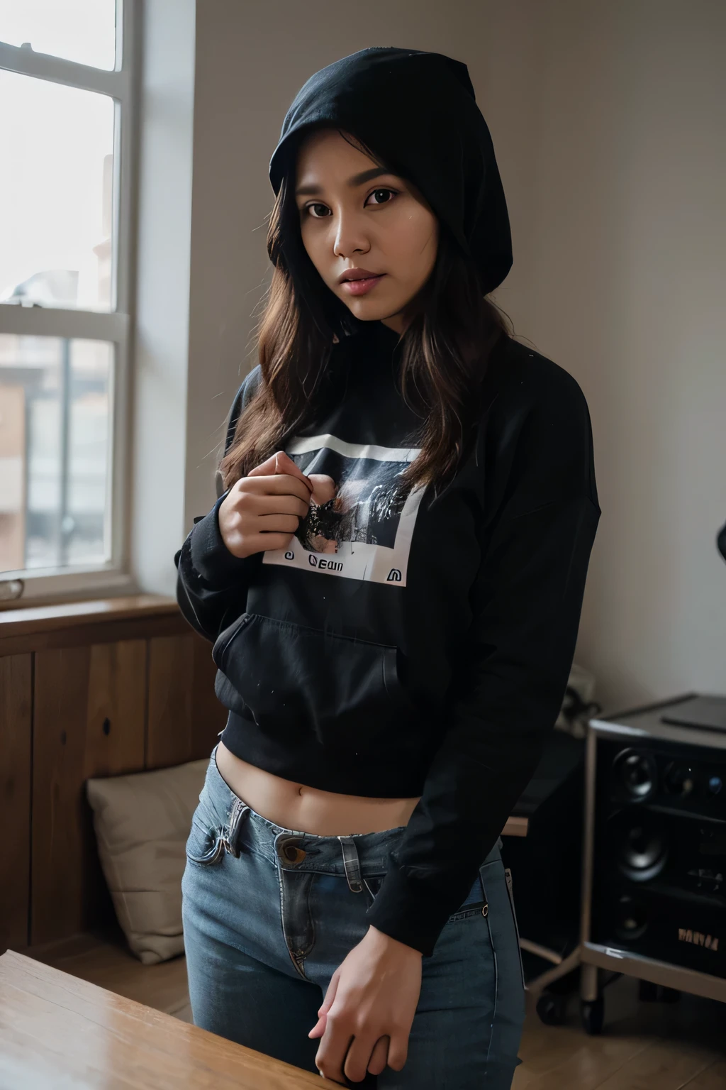 tembakan jarak jauh, full shot seorang pria tampan papua, memakai hoddie hitam dan style ala raper, berdiri dan memegang mic sambil berpose sedang bernyanyi, sangat realistis dan sangat detail.
Latar belakang sebuah panggung dan sound system.
Didepan objek tampak beberapa remaja laki-laki dan perempuan yang bersorak, serta dekorasi sebuah acara resmi.
Photo realistis, sangat realistis, sangat detail, ultraHD60k, fotografi profesional, bidikan tajam, sudut depan.