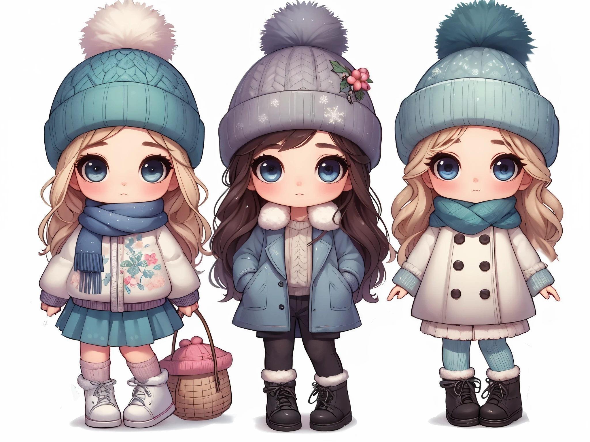 three beautiful girls in winter clothes and hats, estilo de arte fofo, arte digital super detalhada, fundo branco 