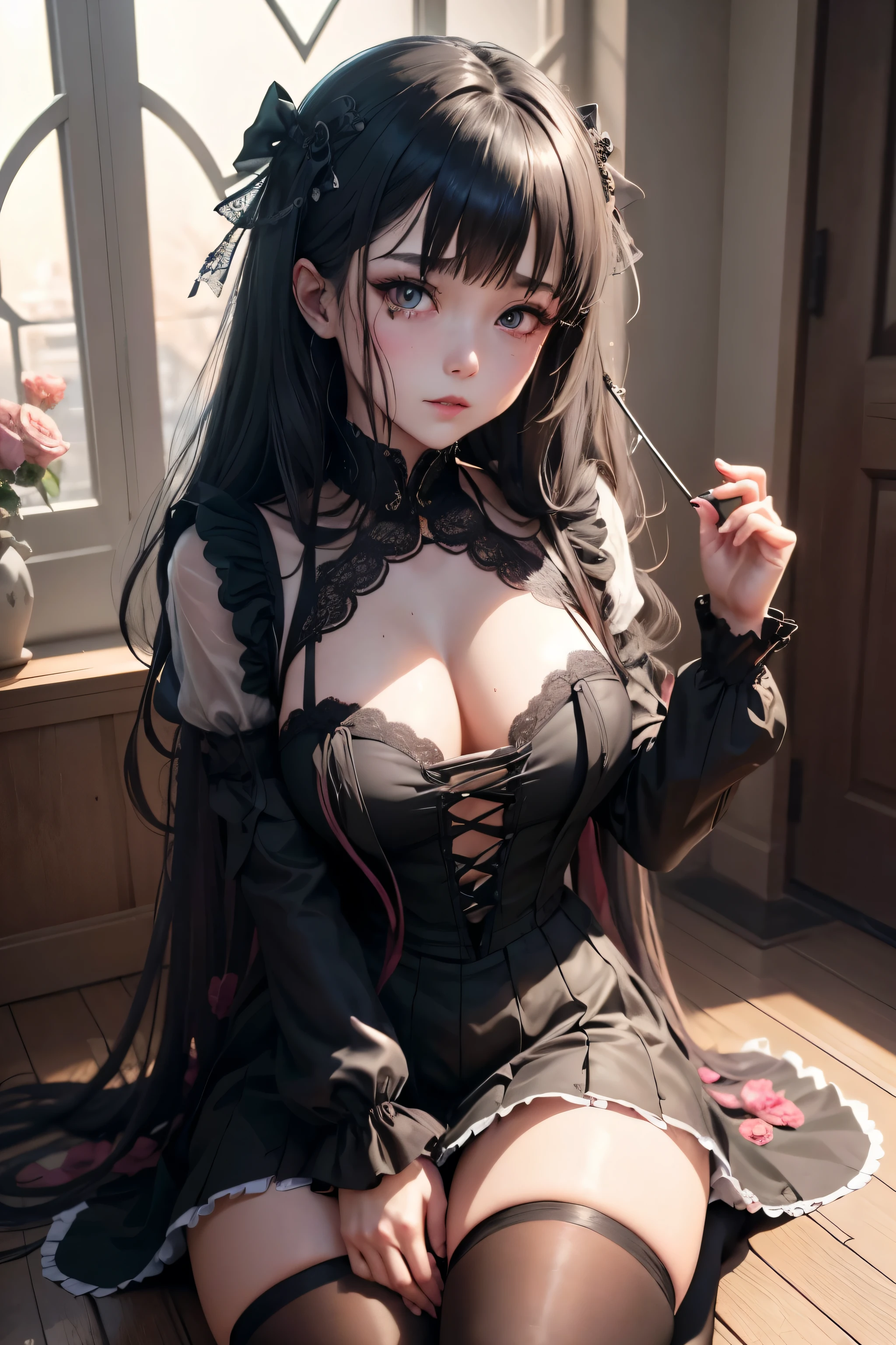 ハードdark gothicメイク、Insanity、deep night sky、horror、cry、grieve、Good skin glow、dark gothicメイク、dark smile、restless palace、fragrant beauty、22 years ago、lure、Expression of intense  pleasure、embarrassed look、dark gothic、lewd expression、pieces fly、highest quality、Browse 5 books、Expression of  pleasure in suffering、purple maid outfit、Mysterious、Noble、A face that is holding back the toilet、super sexy、loving smile、twin tail hair、jet black ruffle skirt、right blue eye, left eye is red、Gothic bed covered with roses、Super bewitching pose、stick out your butt、platform heel shoes、dark makeup、black lipstick、Stained glass、black metal world、open your legs loosely、make the world beautiful、sit on a bed of roses、gothic lolita clothing、comb hair、A little slender、silver hair、long hair straight hair、cute gothic lolita dress、beautiful face、elegant face、bewitching face、knee high socks、Stained glassが背景、My  is shiny from a lot of sweat、the room is dark、goth long dress、bell sleeve、wizard sleeve、decadent look、性的にexcited look、part of hair、ceremony、ゴシックceremony、kneel down、From right arm to crotch、、spread your legs wide、slender body、gentle expression、masturbating、deep black eyeshadow、despicable act、deep black eyeliner、There'There's no sweat on my face、The face is not dirty、excited look、troubled face、Glossy thighs wet with water、Thighs wet and shiny with oil、Background of a room full of roses、sad expression、rose maiden、embroidery is pink、The costume has pink embroidery、thigh high socks、kneel down、Place your knees on the floor、knee high socks、Her thighs are shining with a lot of sweat.、kneel down、My body is wet and shiny、I'm sweating a lot、A lot of sweat and stickiness on the thighs、Sweat shining on your thighs、pretty sweaty、My thighs are sweaty、my thighs are so wet、My thighs are shiny because I sweat a lot.、A large amount of sweat shines all over the body、drunk face、angle shot of pull、