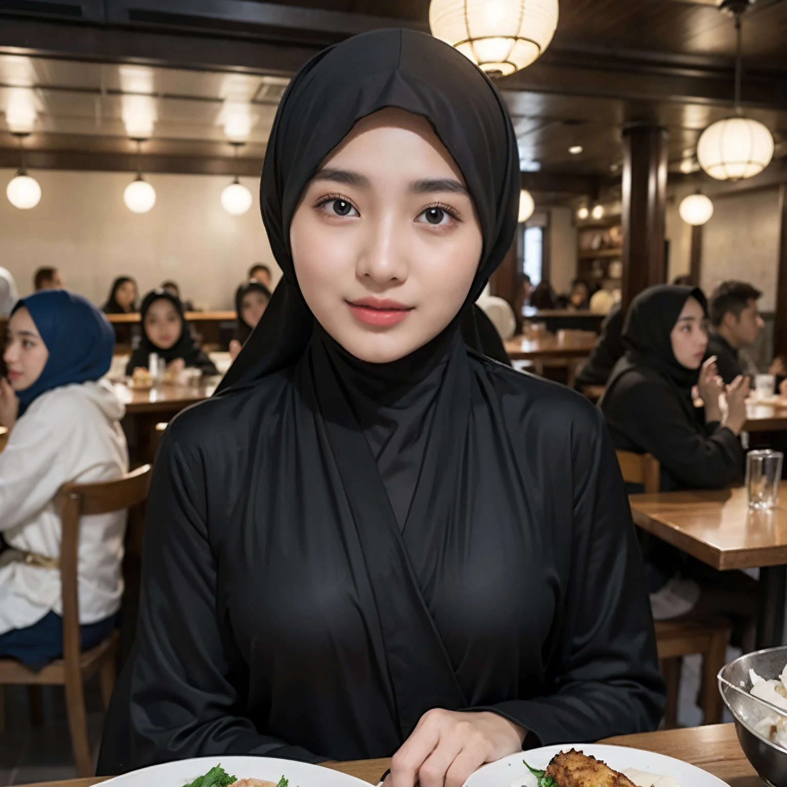 a girl wear long hijab at restaurant facing me with a smile on her face, wear kurung