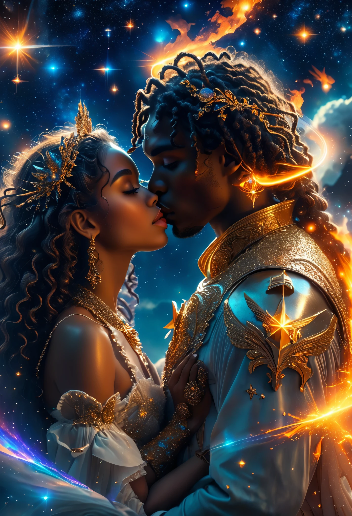 In a celestial dreamland landscape, a couple dressed luxuous, differents faces, they are all darkskin, (((young, in 20's))), (((one brown skin darkhair1.5 woman))), (they are two différent and separate couple1.2). The couple is a brown skin warrior long dark curly hair with a dark long hair woman ((((kissing, love scene, hot scene))) dangerous scene, war, battle, luminuous stars, chaos, fire, destrctions, 8K, extremely detailed, high quality, (photorealistic:1.37), Full body, vibrant colors, perfect lighting, soulful expressions, celestial aura, majestic presence, dreamlike atmosphere, 8 k artistic photography, photorealistic concept art, soft natural volumetric cinematic perfect 
