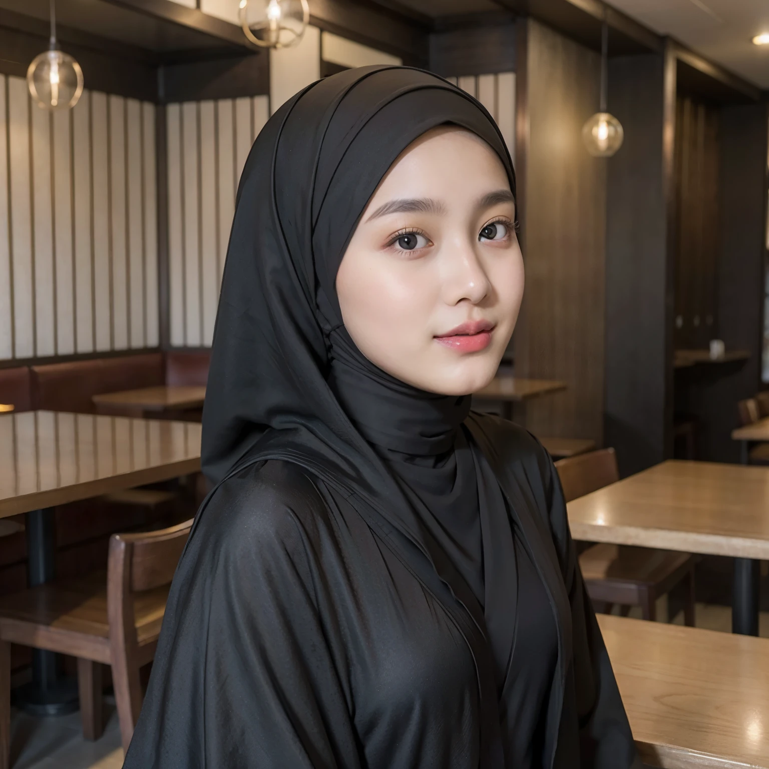 beautiful muslim, hijab, twirling hijab, fully covered robe, 16 years old japanese girl, 165cm height, black matte hijab, in a reastaurant, looking to viewer,