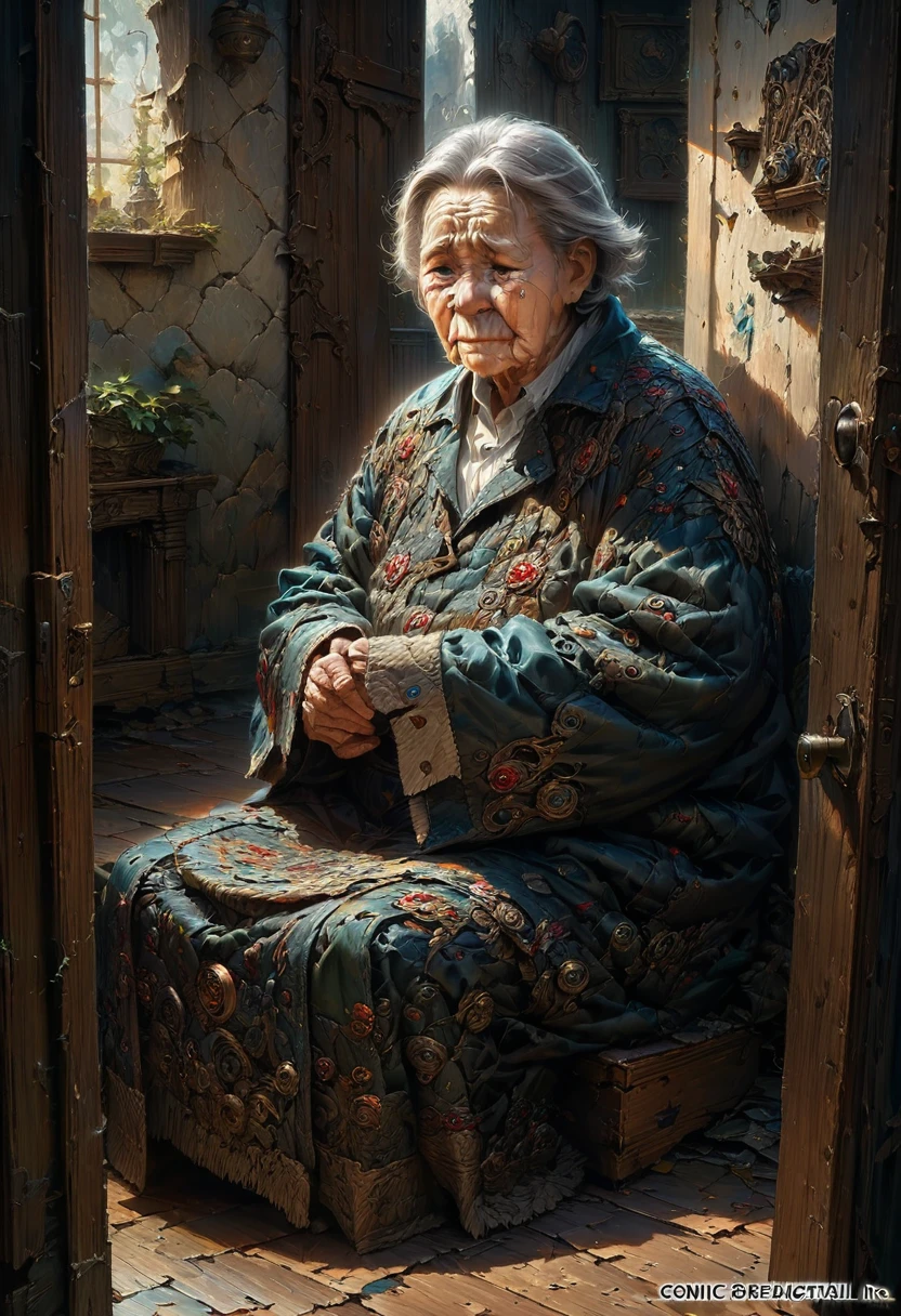 comic art style, anime realism, old woman sad crying, tears, sit in front of door, squall, wail, yowl, (best quality, perfect masterpiece, Representative work, official art, Professional, high details, Ultra intricate detailed:1.3)