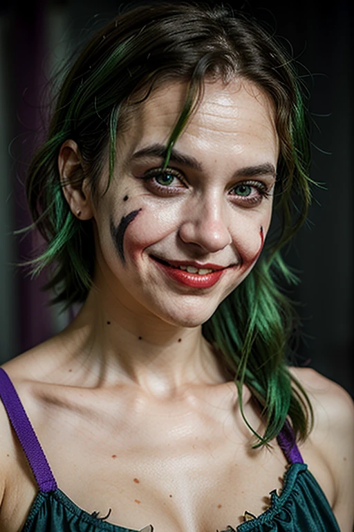 a joker girl,smile,a clown girl,clown effect,clown,smile,joker effect,ultra realistic,best quality,besty of quality,detailed,photography,green hair,like joker,hissing

