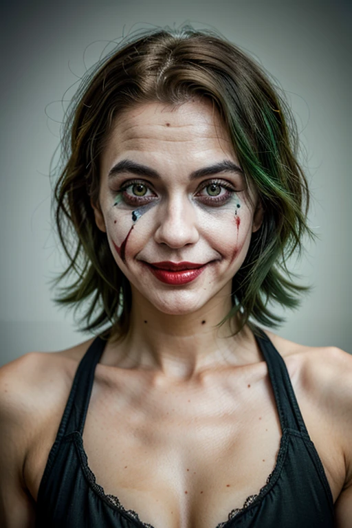 a joker girl,smile,a clown girl,clown effect,clown,smile,joker effect,ultra realistic,best quality,besty of quality,detailed,photography,green hair,like joker,hisoka EFFECT