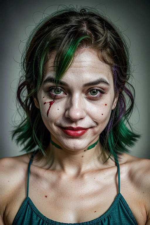 a joker girl,smile,a clown girl,clown effect,clown,smile,joker effect,ultra realistic,best quality,besty of quality,detailed,photography,green hair,like joker,hisoka EFFECT