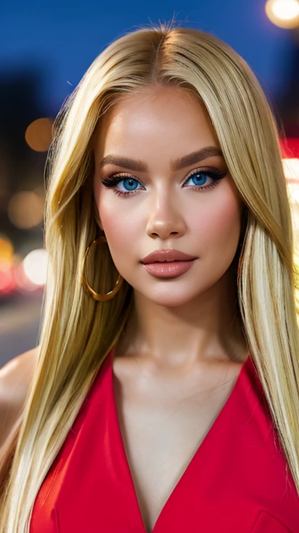 a high quality professional photo of a (girl) with blonde hair) realistic mix with russian and asian , portrait photography, vibrant colors, detailed hair strands, front view, medium shot, natural lighting, night out wearing little red dress, bokeh effect, 4k
