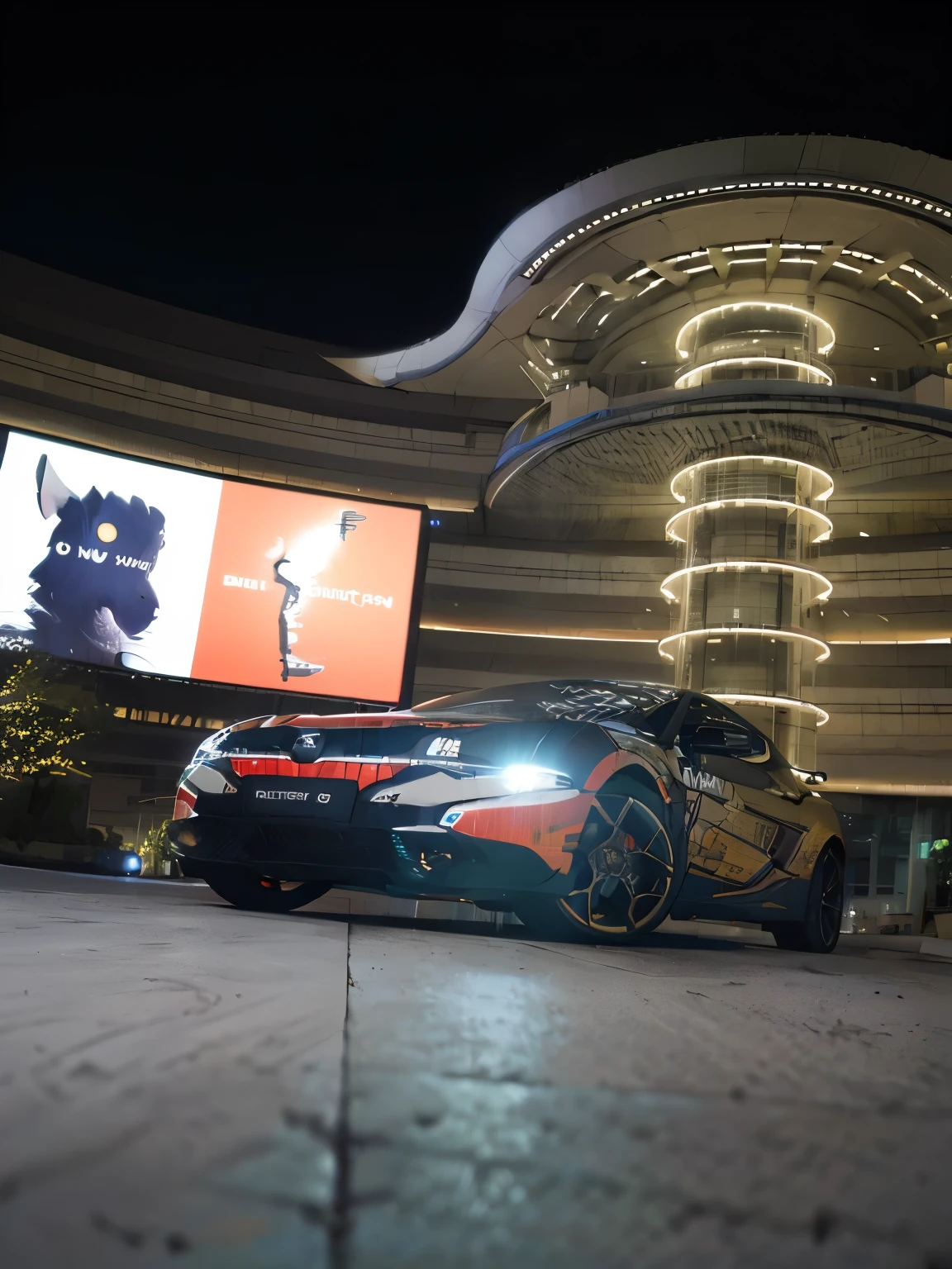 (4k:1.2),highres,ultra-detailed,realistic,surreal,surrealistic wide-angle panorama of a Stylish Rauwolfia parked in front of a Grand structure with emphasis on illumination:Rauwolfia, ultra-realistic surrealistic shot taken with a Sony a7r camera, surrealistic shot taken with a Sony alpha 9,conceptual,8k advertisement photo,landscape full shot,midshot wide-angle panorama, octagonal 8k
