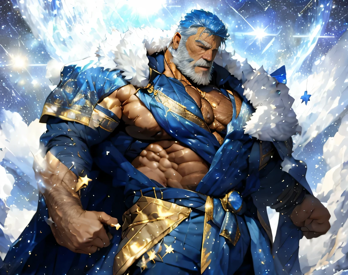 A big one, muscular old man，Fifty-five years old，royal blue tights，gold trim，He exposed his muscular chest，He showed off his great pecs，Energetic，Behind him are the brilliant starry sky and the cold polar regions