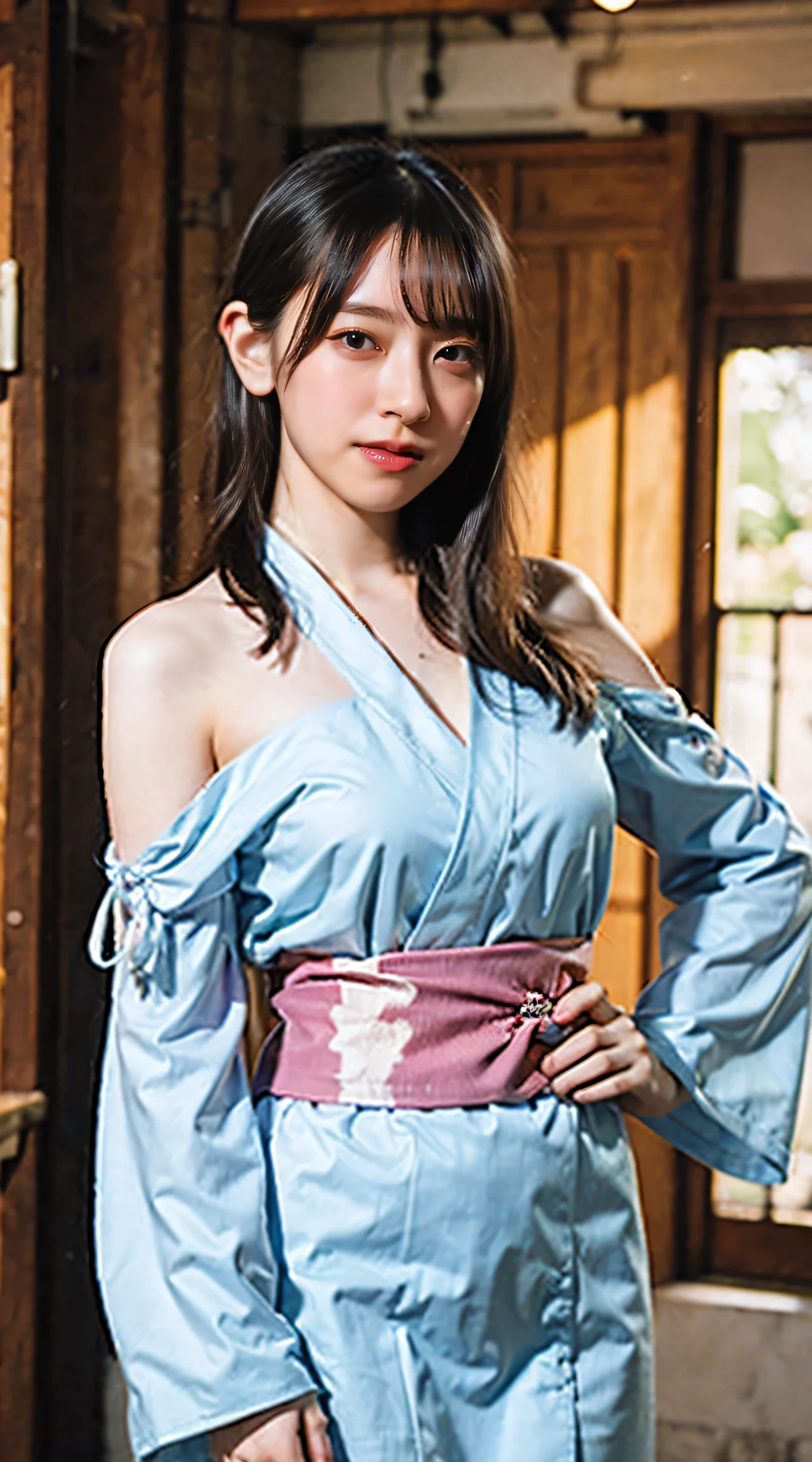 (8K、Raw photo、highest quality、masterpiece:1.2)、(realistic、Photoreal)、1 girl、((fantasy world、light blue shrine maiden costume、short kimono、big sleeve、See-through、off shoulder、I can see your feet、big breasts、Seen from the front、blonde、straight hair))、lots of eyelashes、Glitter on your eyelids、skeletally correct、sweaty body、Beautifully aligned fingertips、smile、standing with hands on hips、above the sky