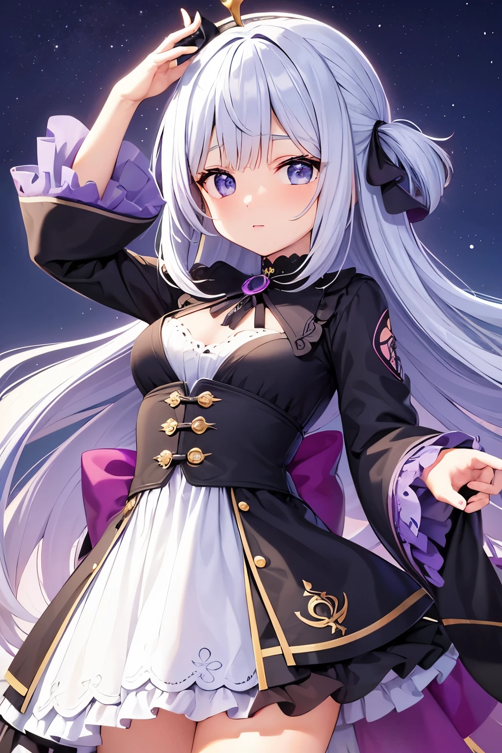 Uma garota de genshin olhando para a foto, no fundo uma paisagem meio roxo, Quero um titulo escreto (Noir donates)