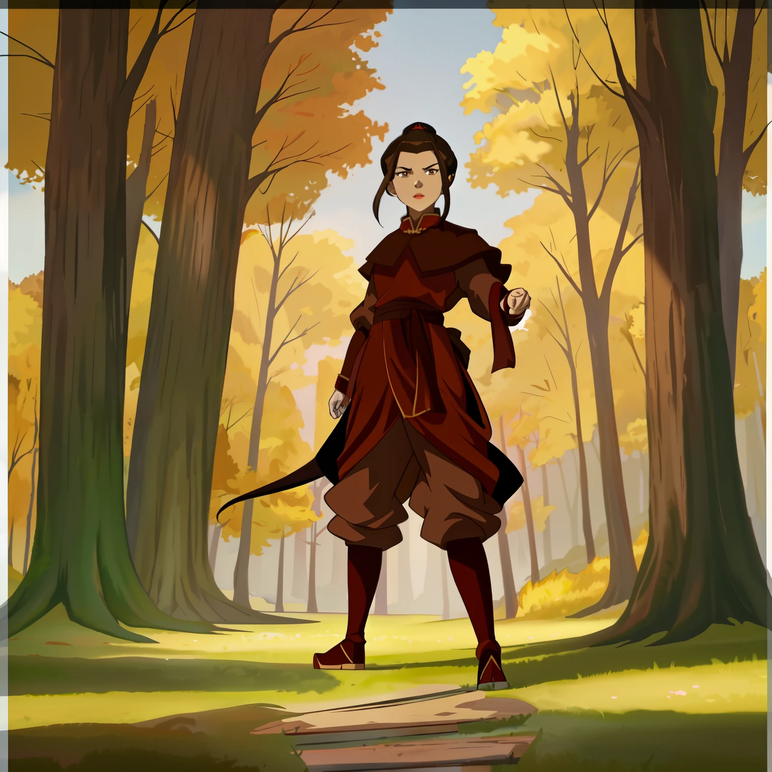 [Azula], [(Avatar_That_last_airbender)], ((masterpiece:1.4)), ((A high resolution:1.4)), ((A high resolution)), ((detailed shading)), ((Beautiful solo portrait)), ((whole body)), ((Anime girl)), (beautiful 3D art)), {Attractive; (Brown hair; short tail), (Beautiful maroon eyes), (wicked), curvy hips, Beautiful lips, press}, {(red robe), (brown baggy trousers), (black knee-high boots with pointed toe)}, (standing), (Attractive pose), [background; River, Solar, trees]