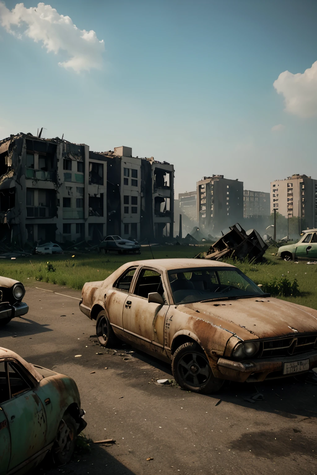 After the gloom of the abandoned city in 3D, the buildings were destroyed, the plane crashed, the cemetery, the abandoned cars, the green plants near the abandoned buildings and piled up.