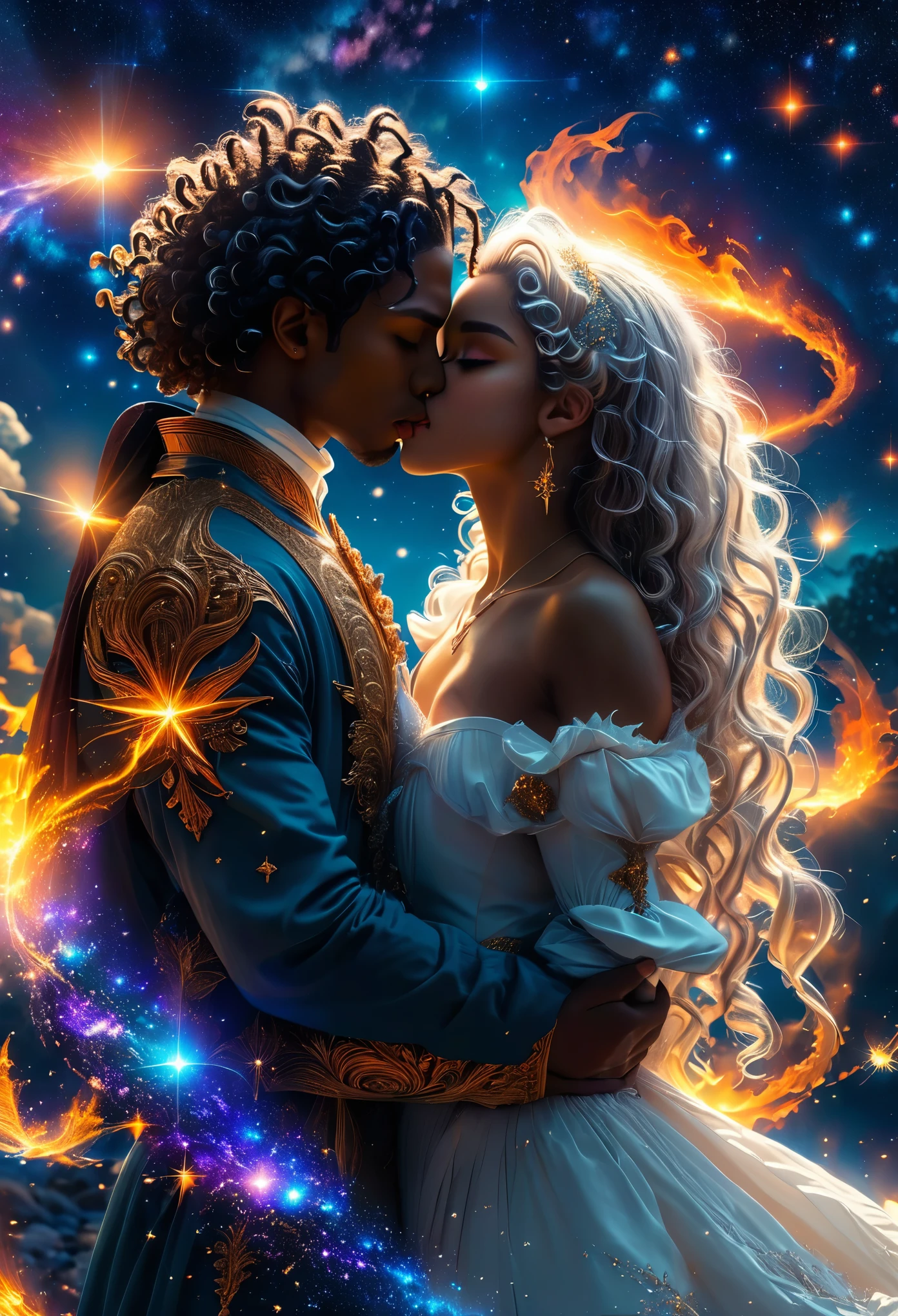 In a celestial dreamland landscape, people dressed luxuous, differents faces, they are all darkskin, (((a young couple, in 18's, brown skin men curly darkhair:1.7 and brown skin whitehair:1.7 woman))) ((((kissing, love scene, hot scene))), trying to kill him with powers, dangerous scene, war, battle, luminuous stars, chaos, fire, destrctions, 8K, extremely detailed, high quality, (photorealistic:1.37), Full body, vibrant colors, perfect lighting, soulful expressions, celestial aura, majestic presence, dreamlike atmosphere, 8 k artistic photography, photorealistic concept art, soft natural volumetric cinematic perfect 
