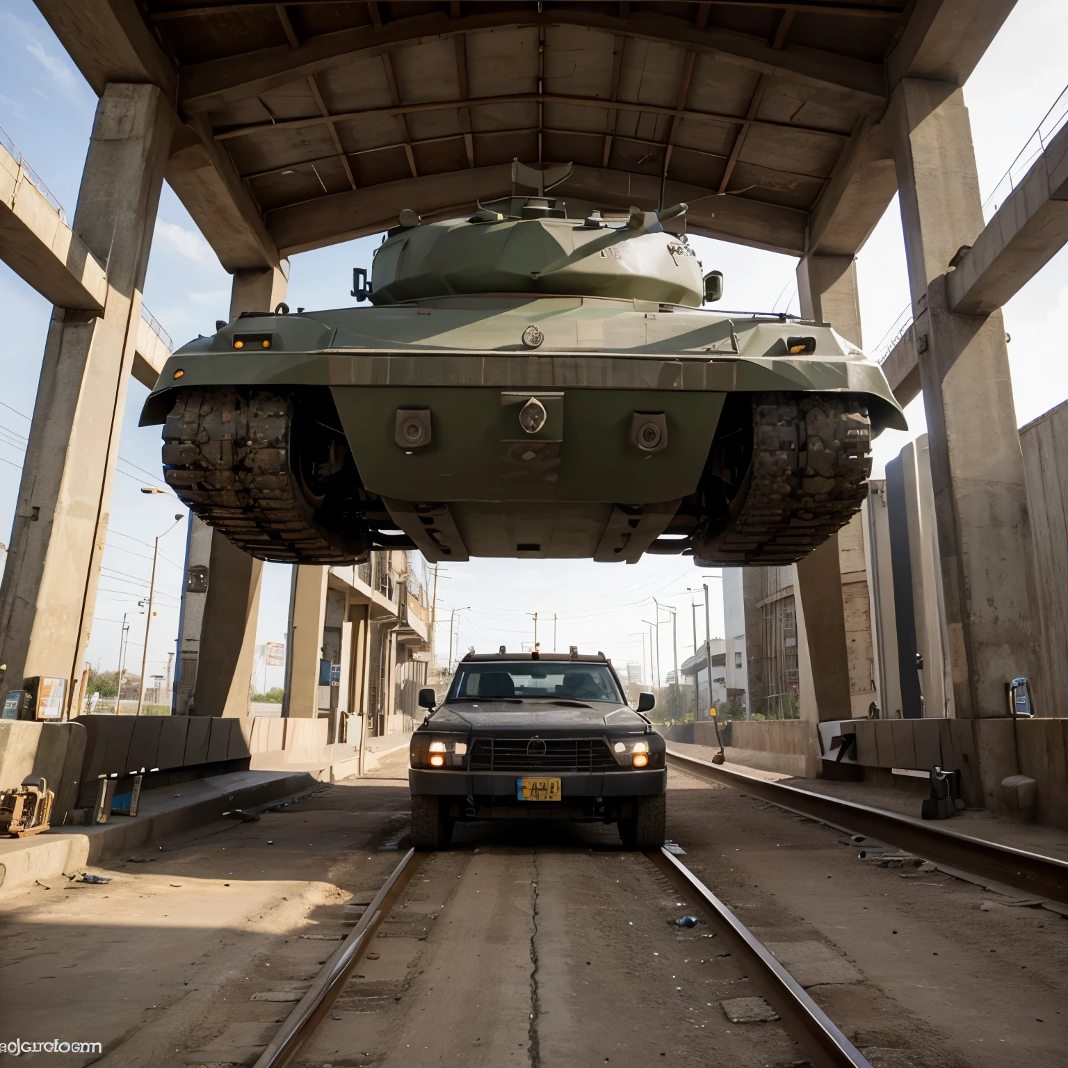 a large tank with five gantries, rodeado por pessoas