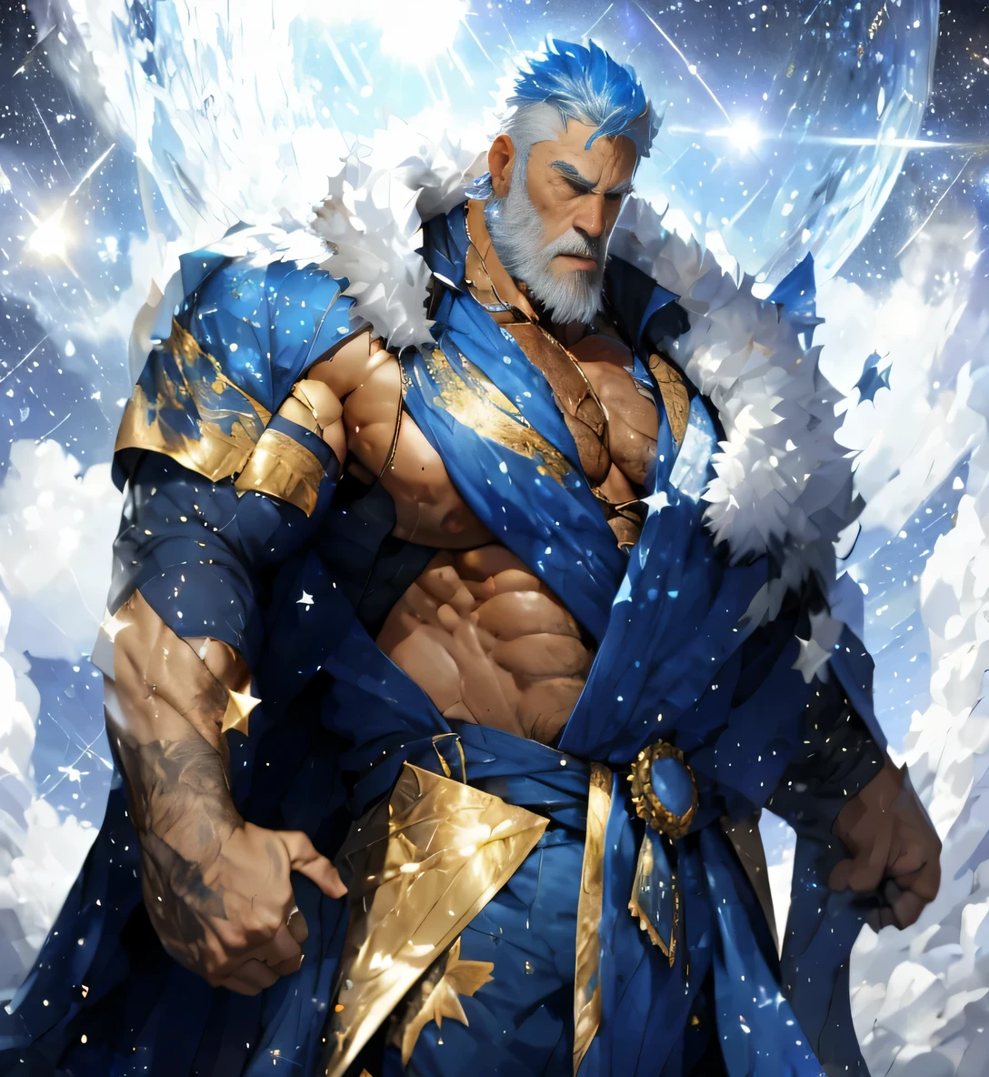 A big one, muscular old man，Fifty-five years old，royal blue tights，gold trim，He exposed his muscular chest，He showed off his great pecs，Energetic，Behind him are the brilliant starry sky and the cold polar regions