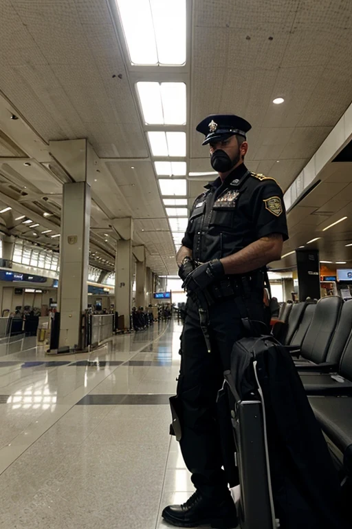 Don police staring at me, estoy sentada, sillas de metal  (en aeropuerto, atmospheric light: 1.2)